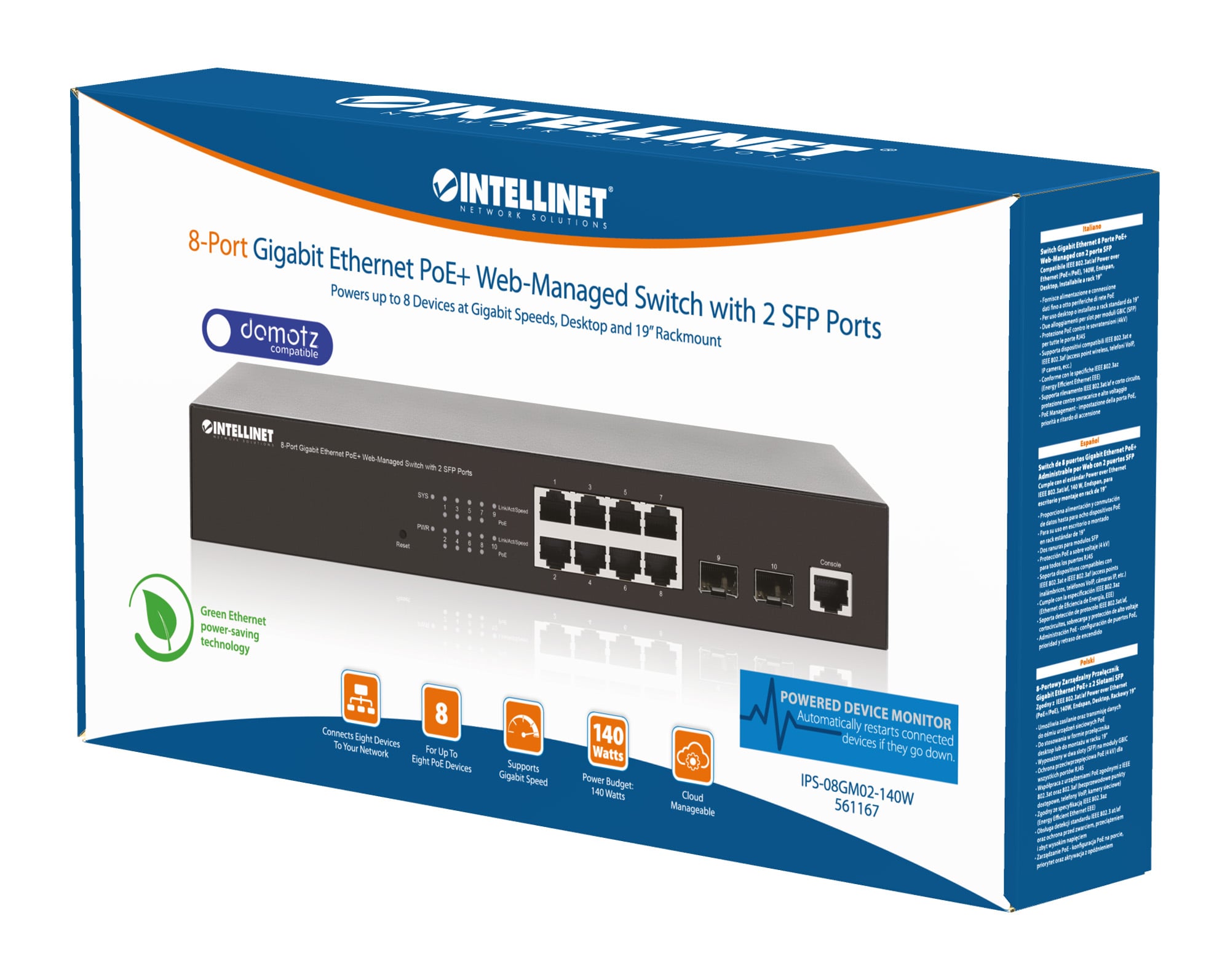 Switch Gigabit Ethernet 8 Porte PoE+ Web-Managed con 2 porte SFP - Intellinet I-SWHUB 8GP3