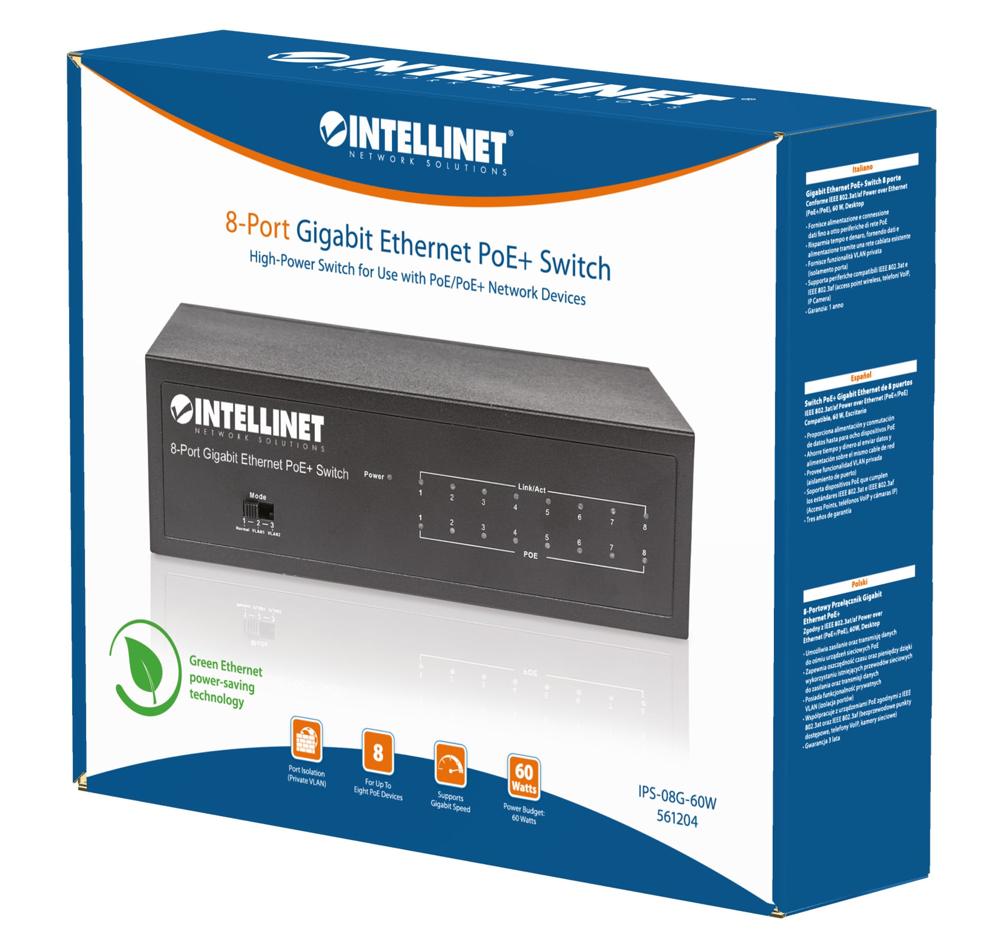 Switch Gigabit Ethernet 8 Porte PoE+ - Intellinet I-SWHUB 8GP4
