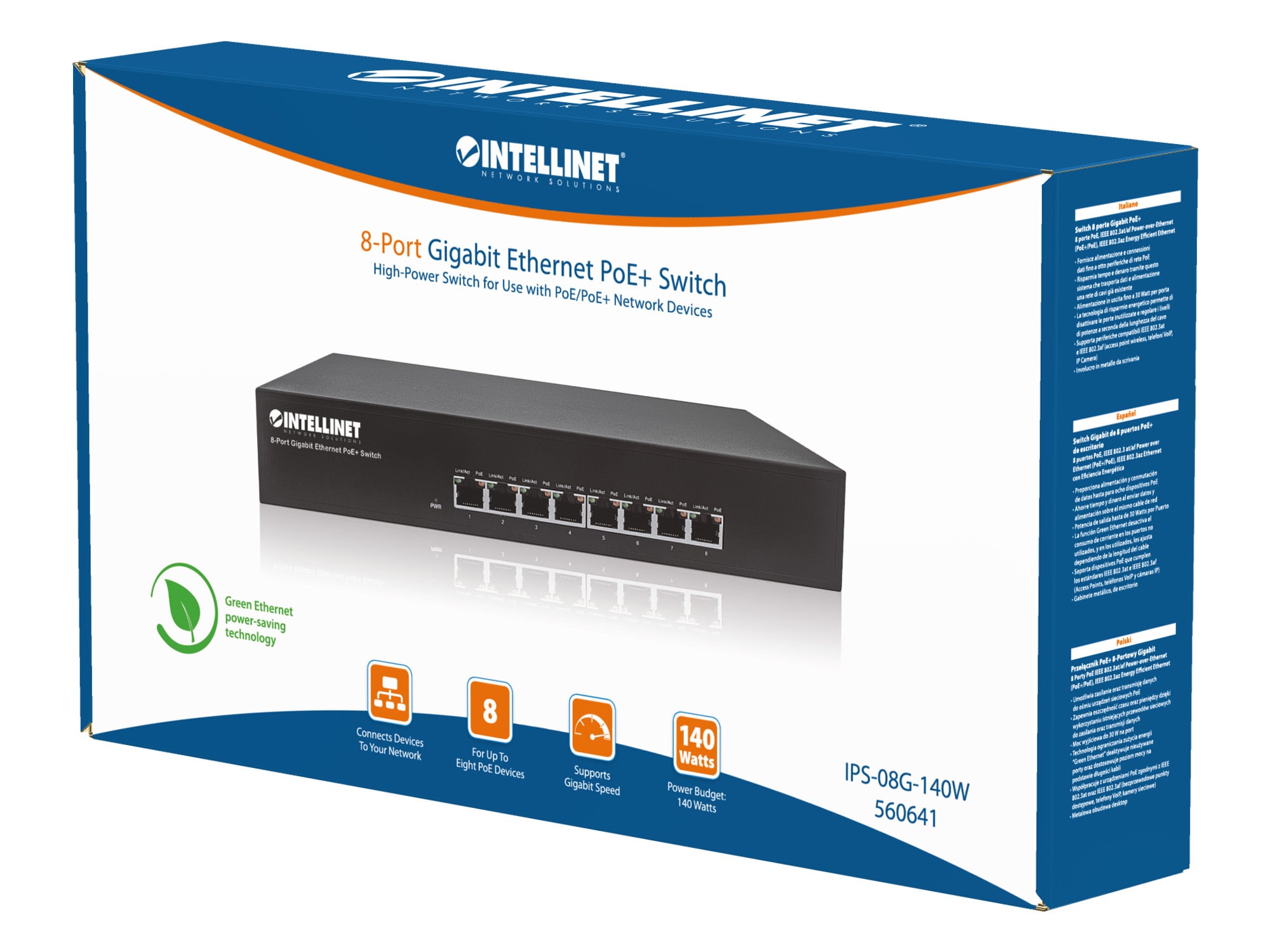 Switch 8 porte Gigabit PoE+ - Intellinet I-SWHUB 8GPE