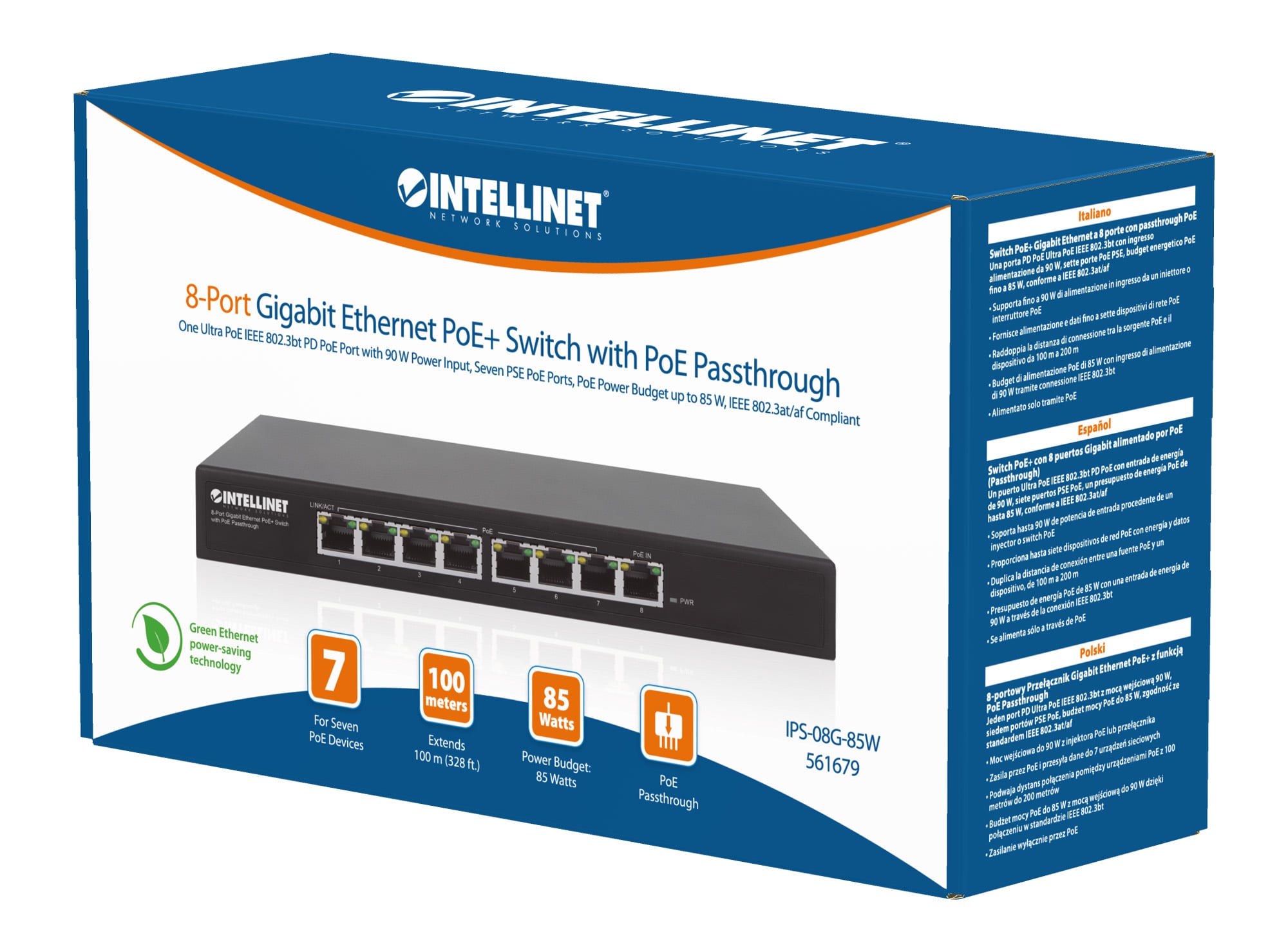 Switch PoE+ Gigabit Ethernet a 8 porte con passthrough PoE - Intellinet I-SWHUB 90W7POE