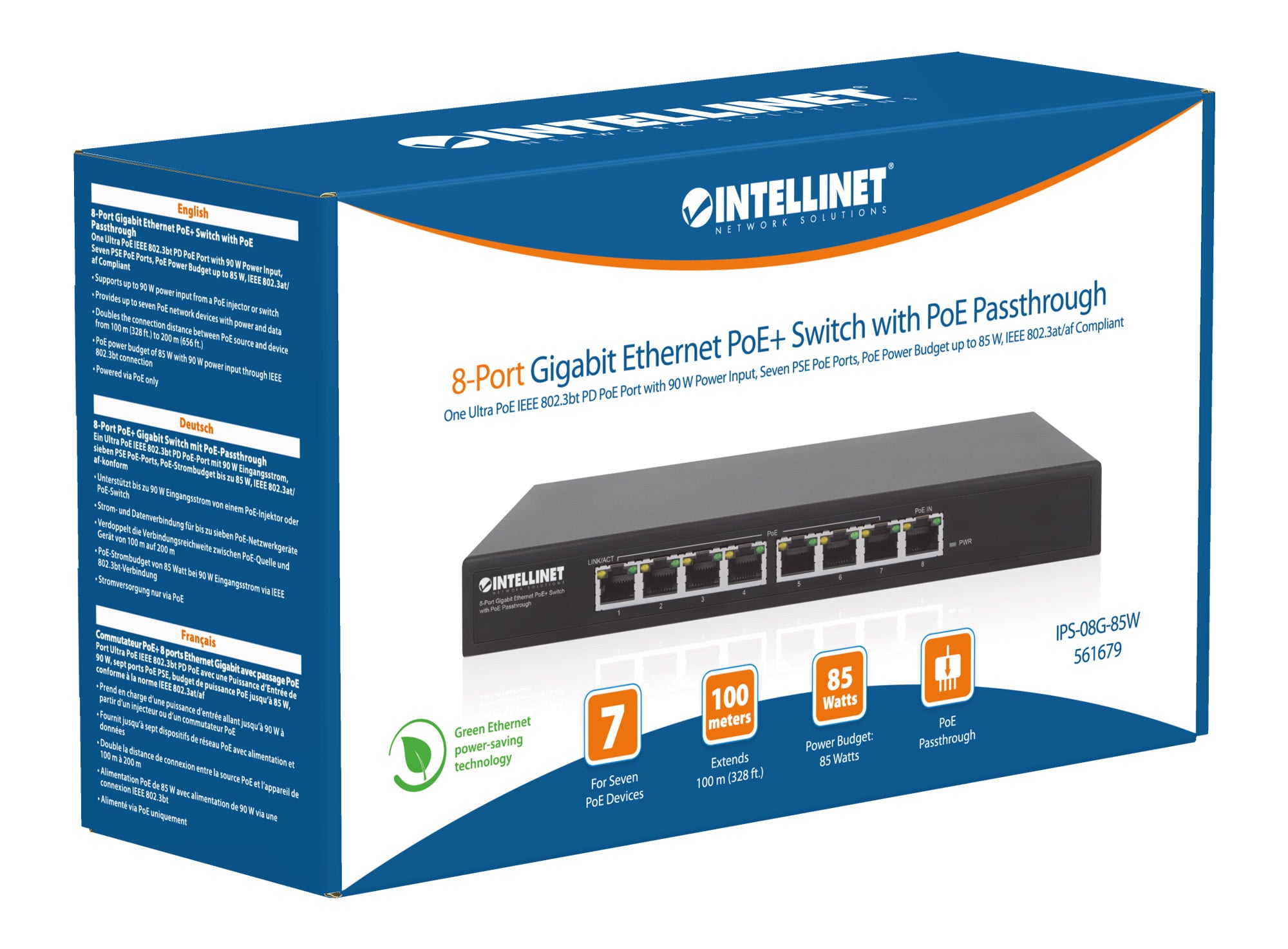 Switch PoE+ Gigabit Ethernet a 8 porte con passthrough PoE - Intellinet I-SWHUB 90W7POE