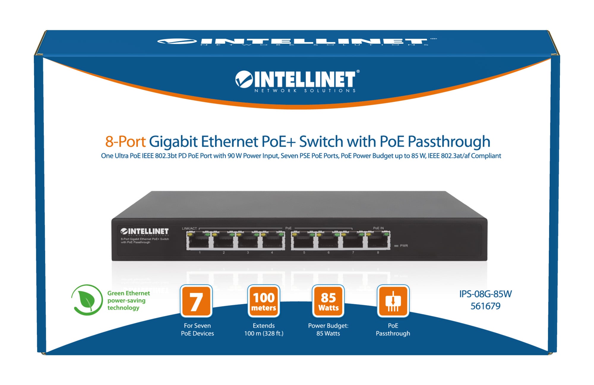 Switch PoE+ Gigabit Ethernet a 8 porte con passthrough PoE - Intellinet I-SWHUB 90W7POE