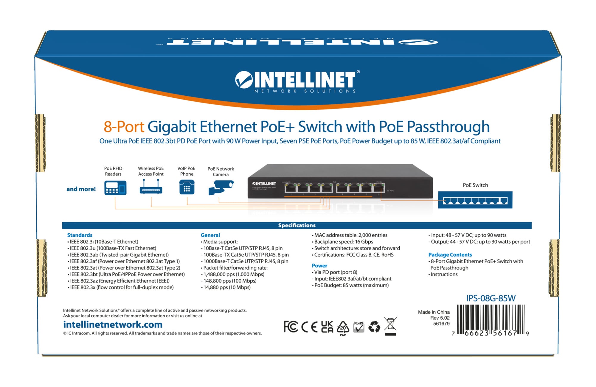 Switch PoE+ Gigabit Ethernet a 8 porte con passthrough PoE - Intellinet I-SWHUB 90W7POE