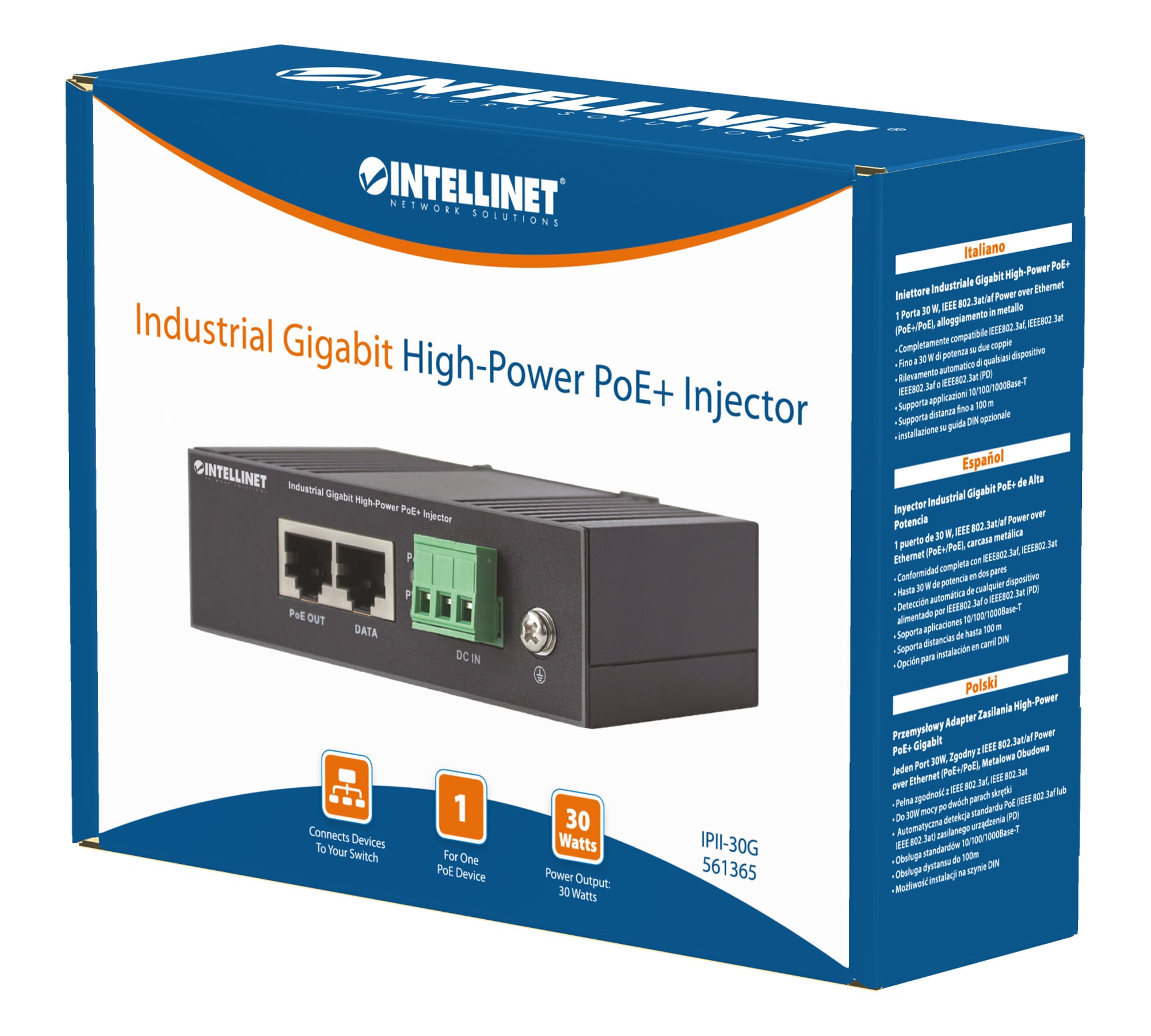Iniettore Industriale per Guida DIN Gigabit High-Power PoE+ 30W - Intellinet I-SWHUB IND-POE30W