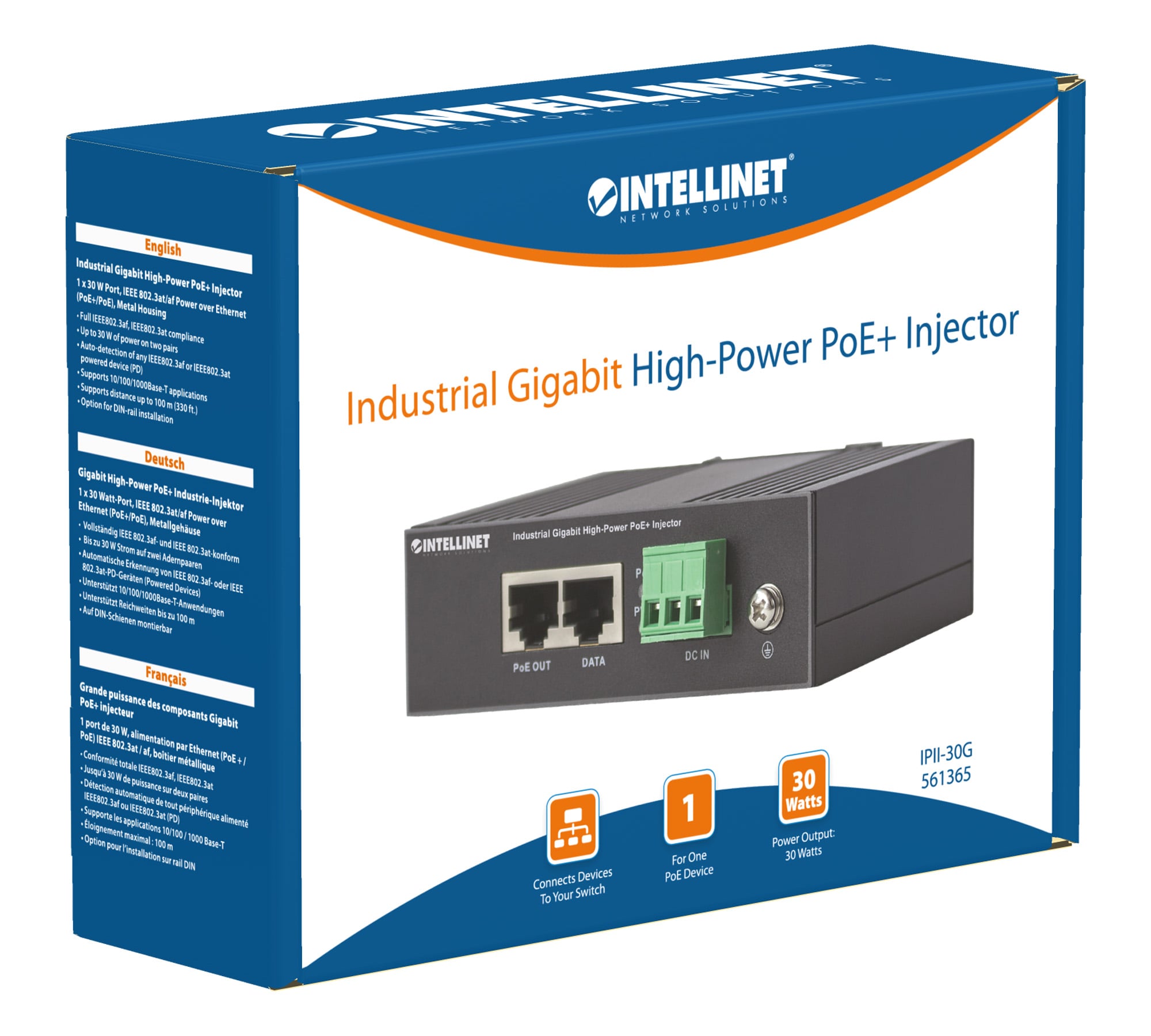 Iniettore Industriale per Guida DIN Gigabit High-Power PoE+ 30W - Intellinet I-SWHUB IND-POE30W