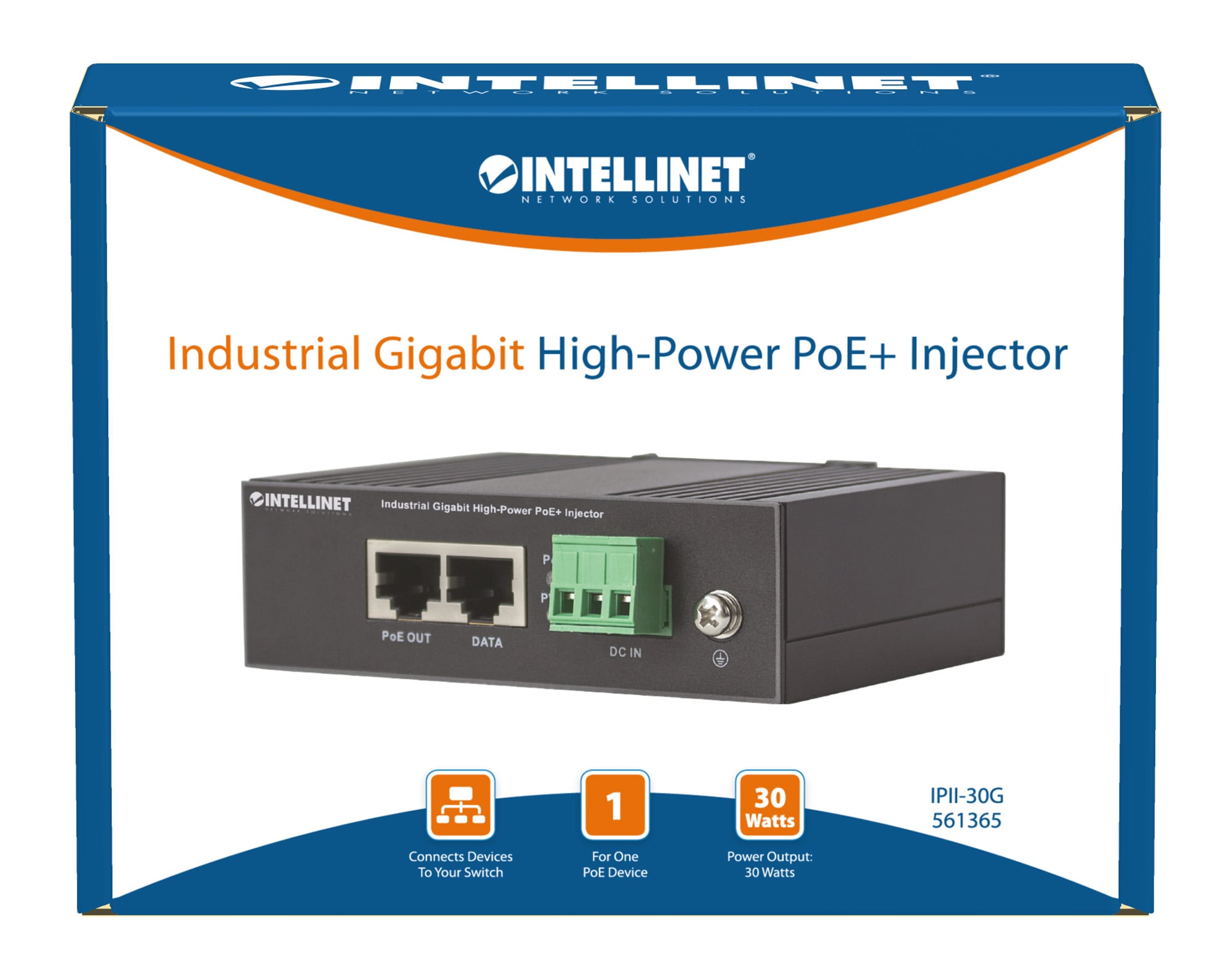 Iniettore Industriale per Guida DIN Gigabit High-Power PoE+ 30W - Intellinet I-SWHUB IND-POE30W