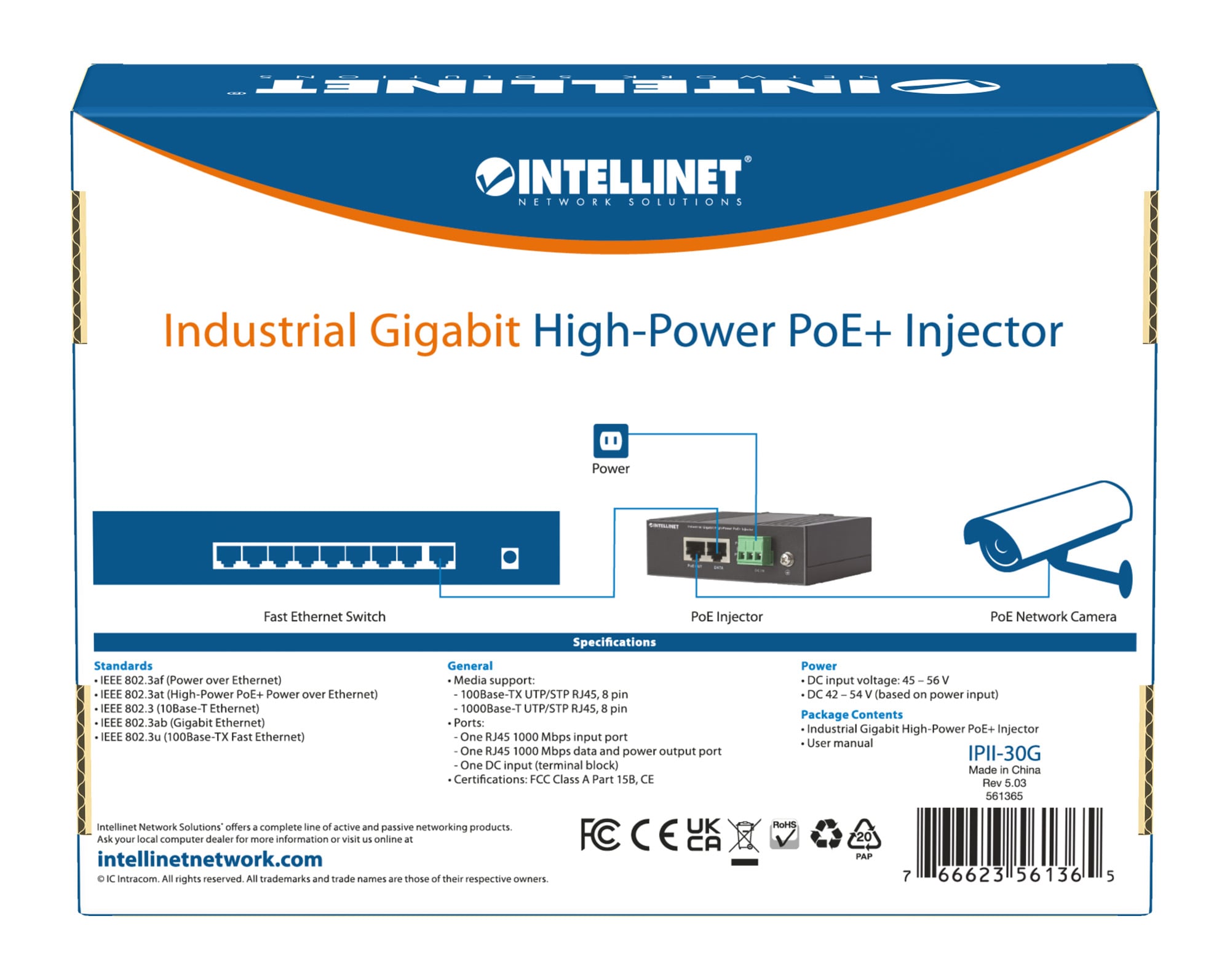 Iniettore Industriale per Guida DIN Gigabit High-Power PoE+ 30W - Intellinet I-SWHUB IND-POE30W
