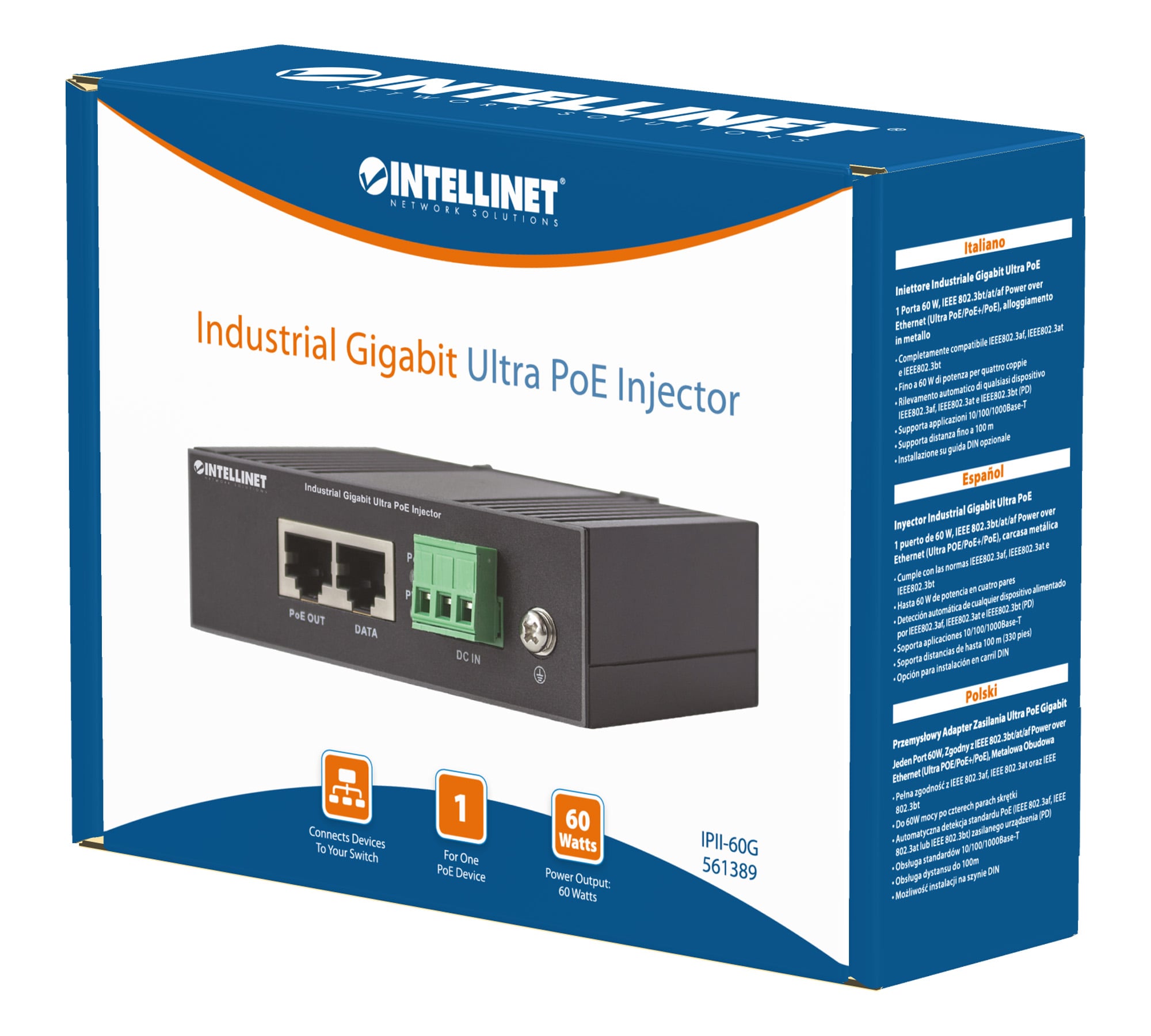Iniettore Industriale per Guida DIN Gigabit Ultra PoE 60W - Intellinet I-SWHUB IND-POE60W