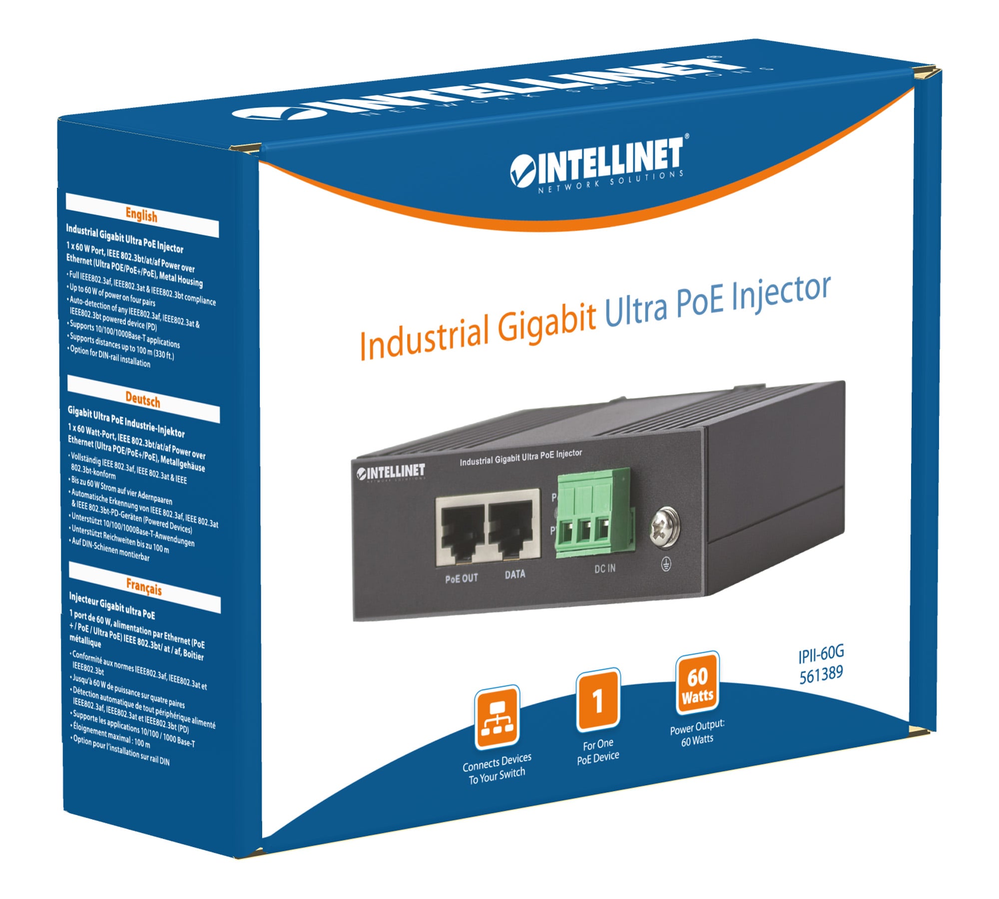 Iniettore Industriale per Guida DIN Gigabit Ultra PoE 60W - Intellinet I-SWHUB IND-POE60W
