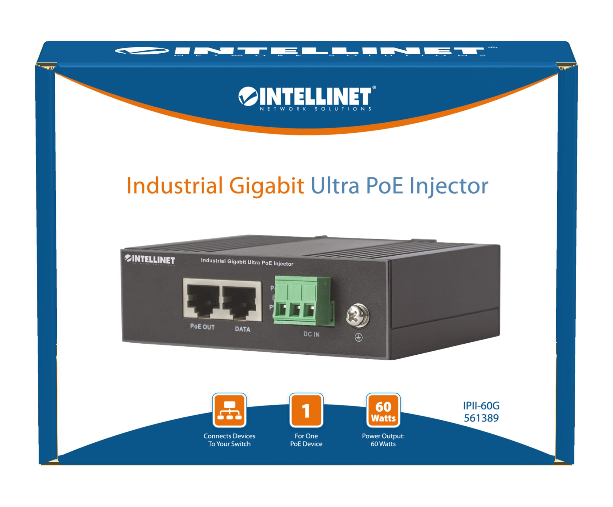 Iniettore Industriale per Guida DIN Gigabit Ultra PoE 60W - Intellinet I-SWHUB IND-POE60W