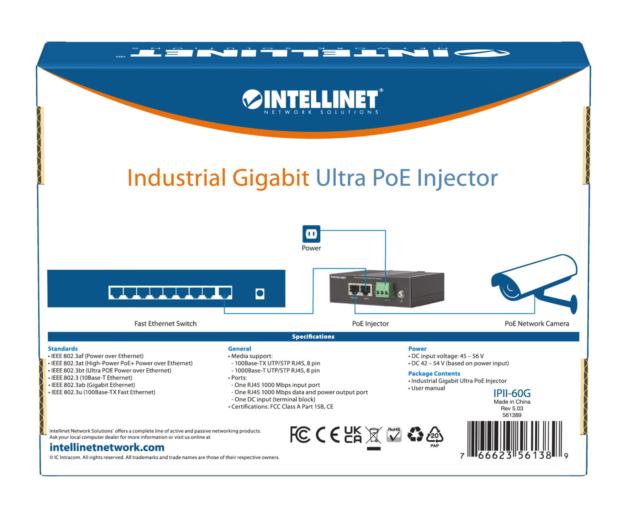 Iniettore Industriale per Guida DIN Gigabit Ultra PoE 60W - Intellinet I-SWHUB IND-POE60W