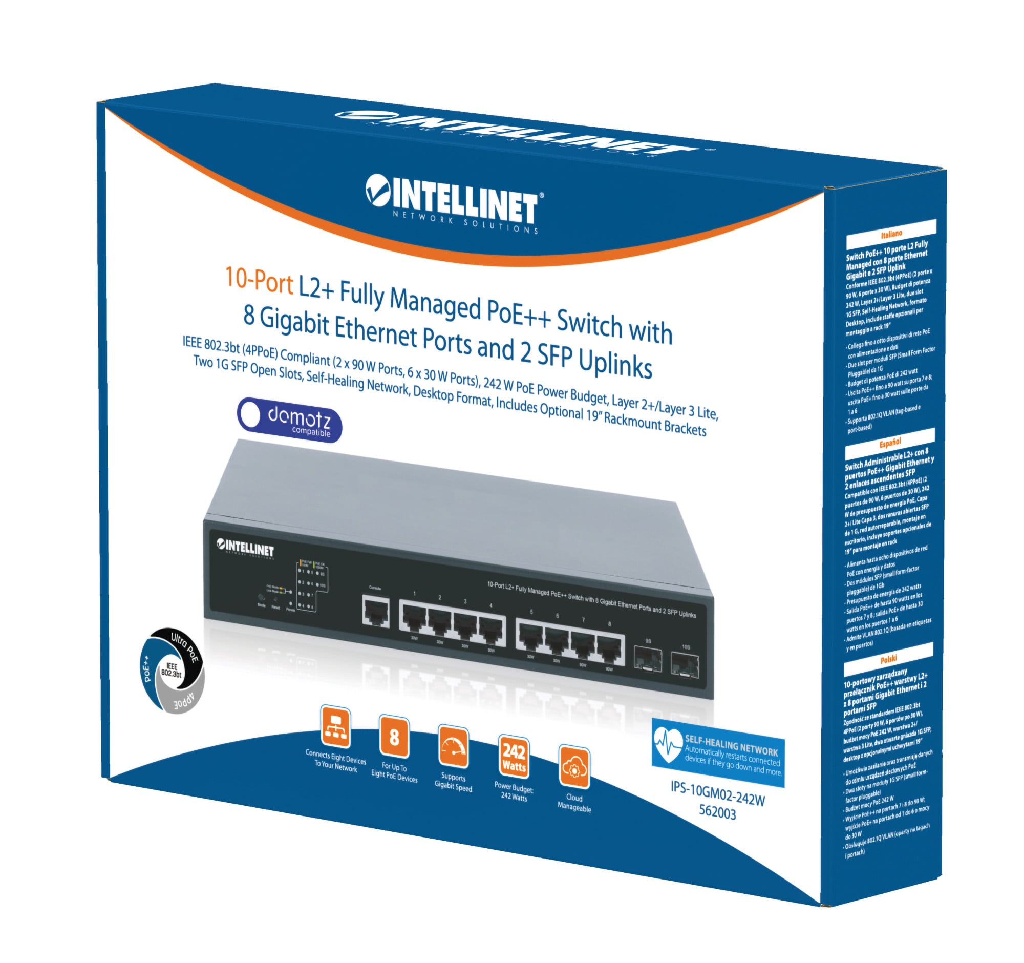 Switch PoE++ 10 porte L2 Fully Managed con 8 porte Ethernet Gigabit e 2 SFP Uplink - Intellinet I-SWHUB POE-003