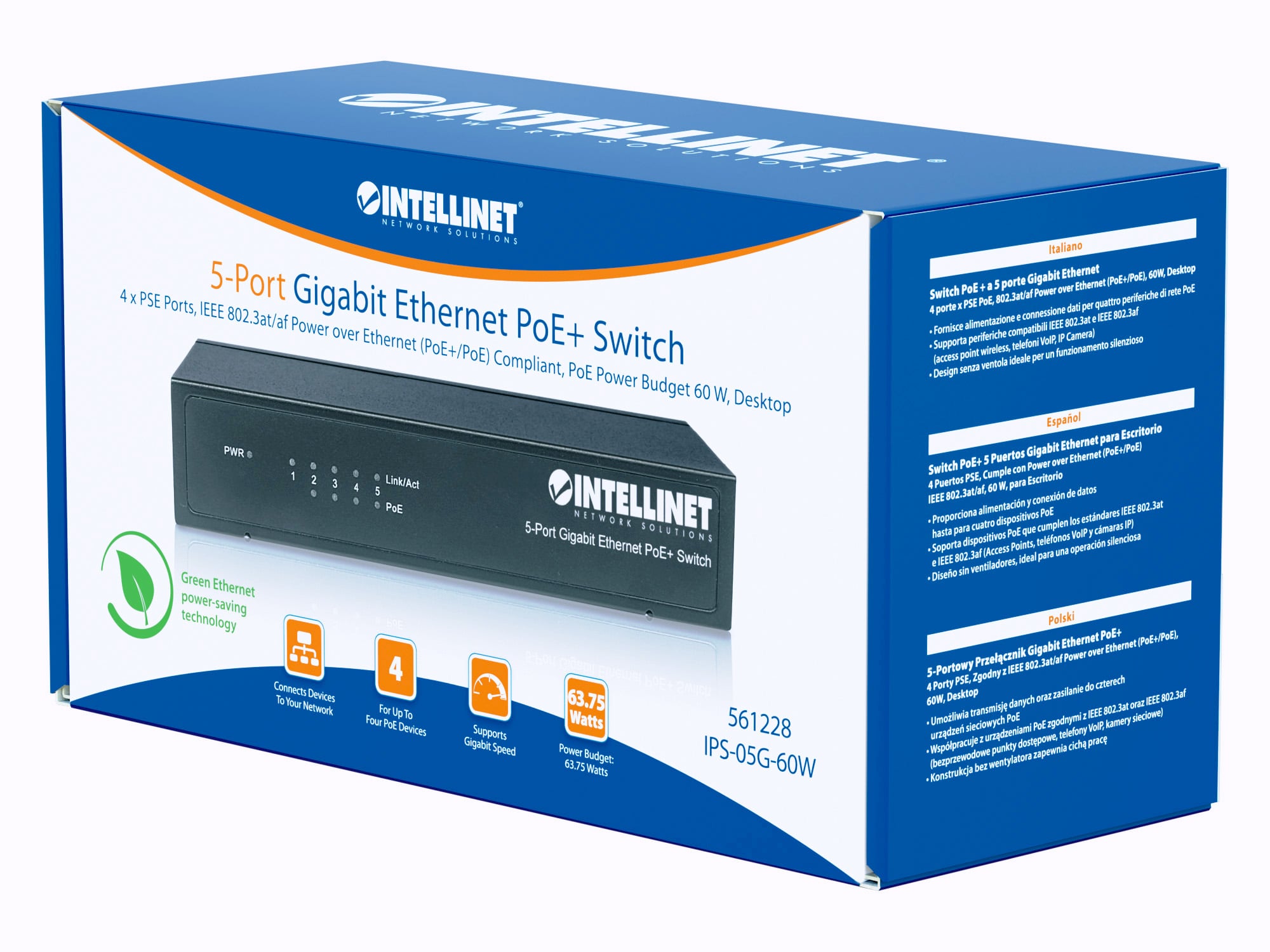 Switch PoE+ 5 porte Gigabit Ethernet - Intellinet I-SWHUB POE-228