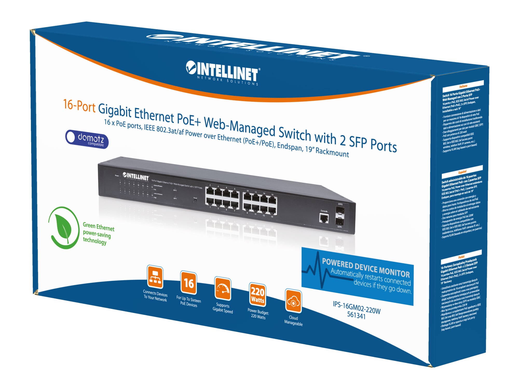 Switch Gigabit Ethernet 16 Porte PoE+ Web Managed con 2 Porte SFP - Intellinet I-SWHUB POE-341