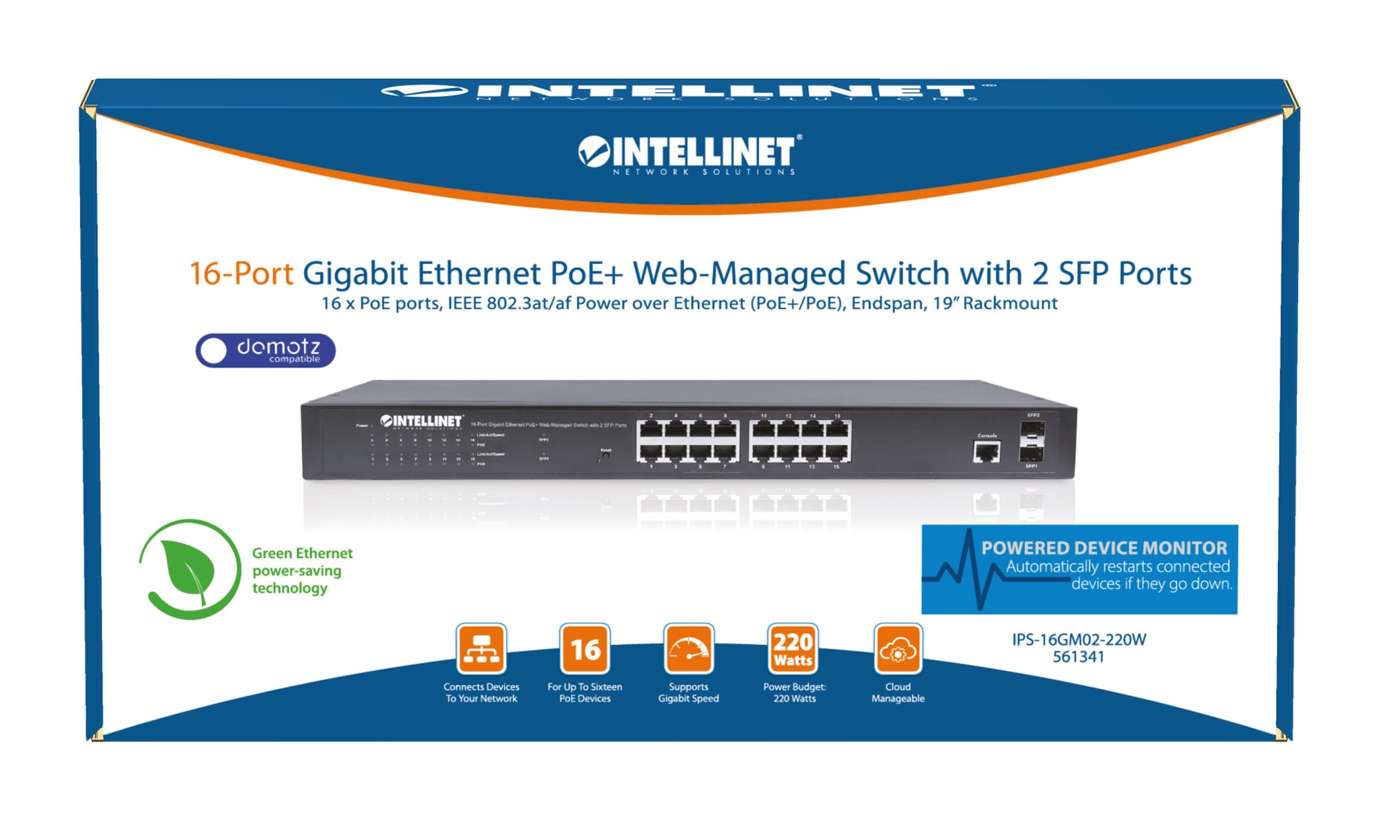 Switch Gigabit Ethernet 16 Porte PoE+ Web Managed con 2 Porte SFP - Intellinet I-SWHUB POE-341