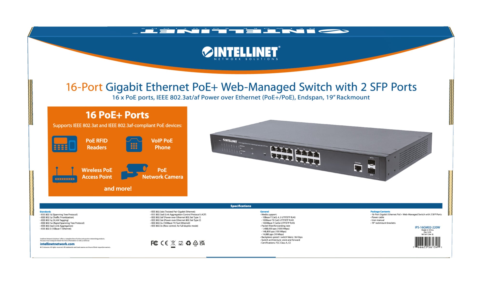 Switch Gigabit Ethernet 16 Porte PoE+ Web Managed con 2 Porte SFP - Intellinet I-SWHUB POE-341