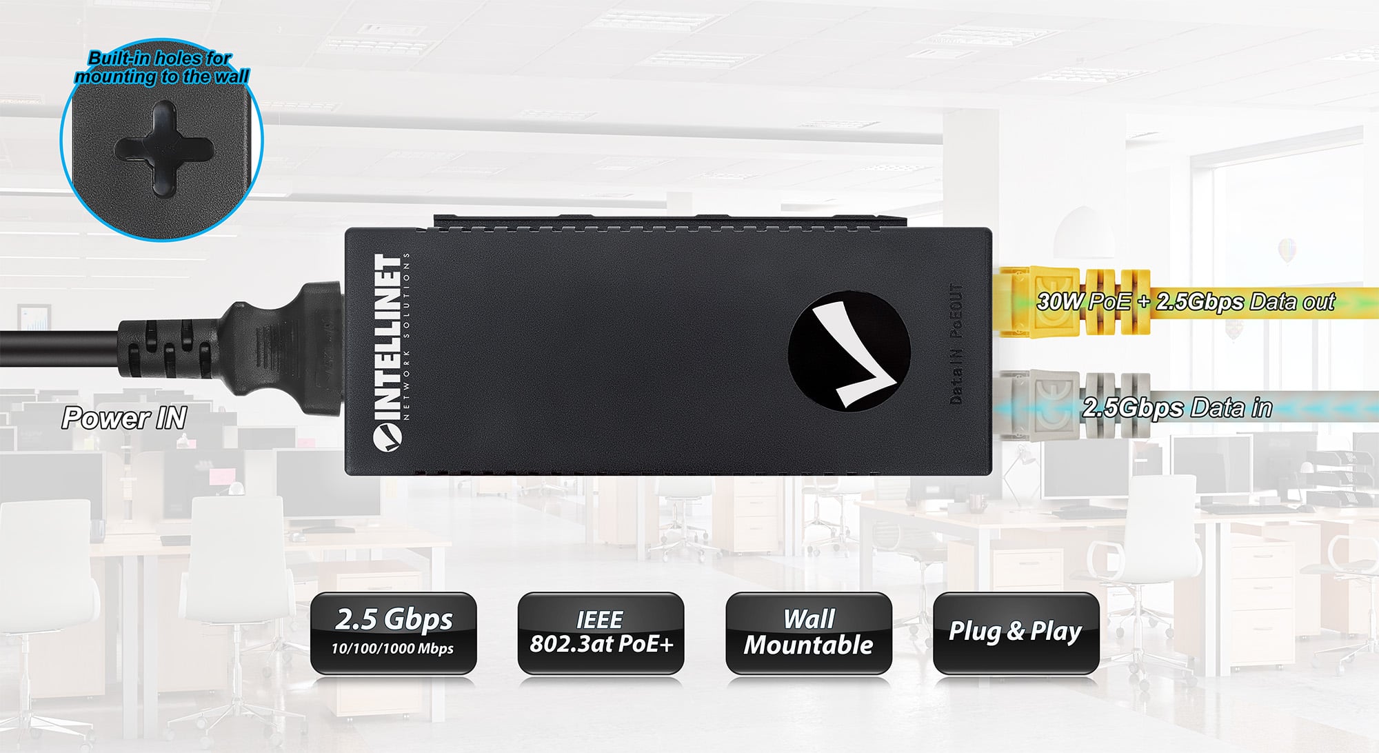 Iniettore PoE+ High Power 2.5G 30W - Intellinet I-SWHUB POE-570