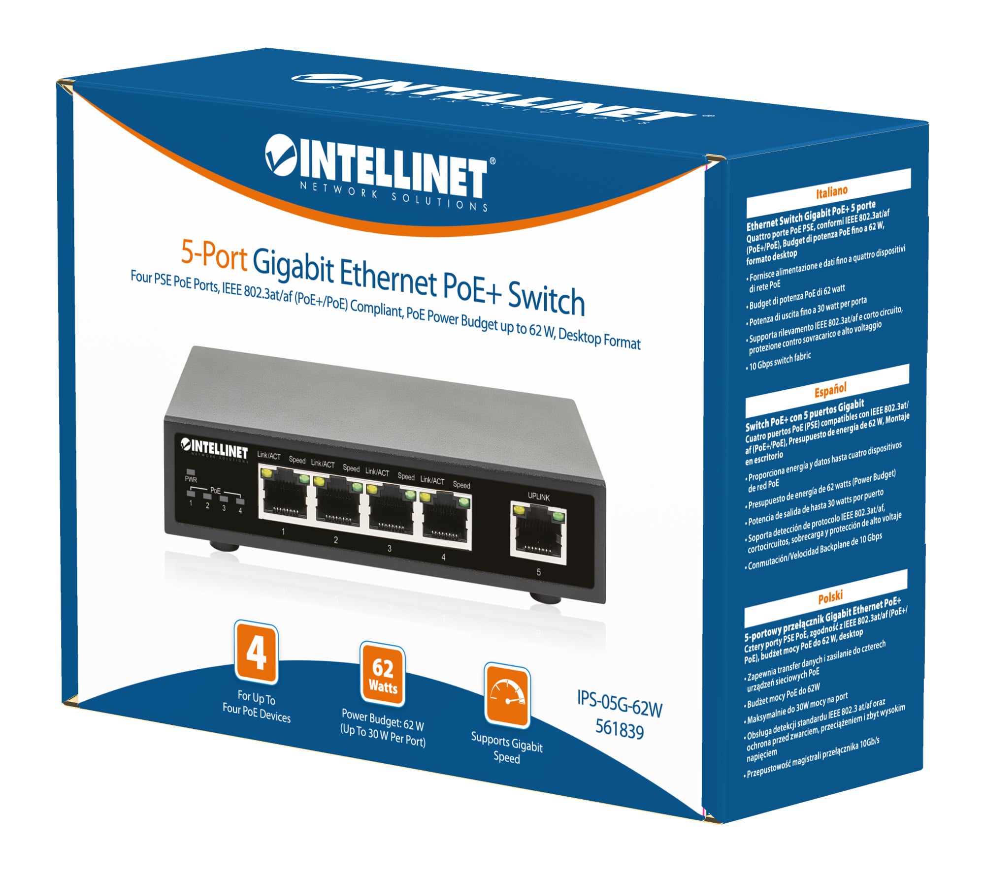 Ethernet Switch Gigabit PoE+ 5 porte - Intellinet I-SWHUB POE-839