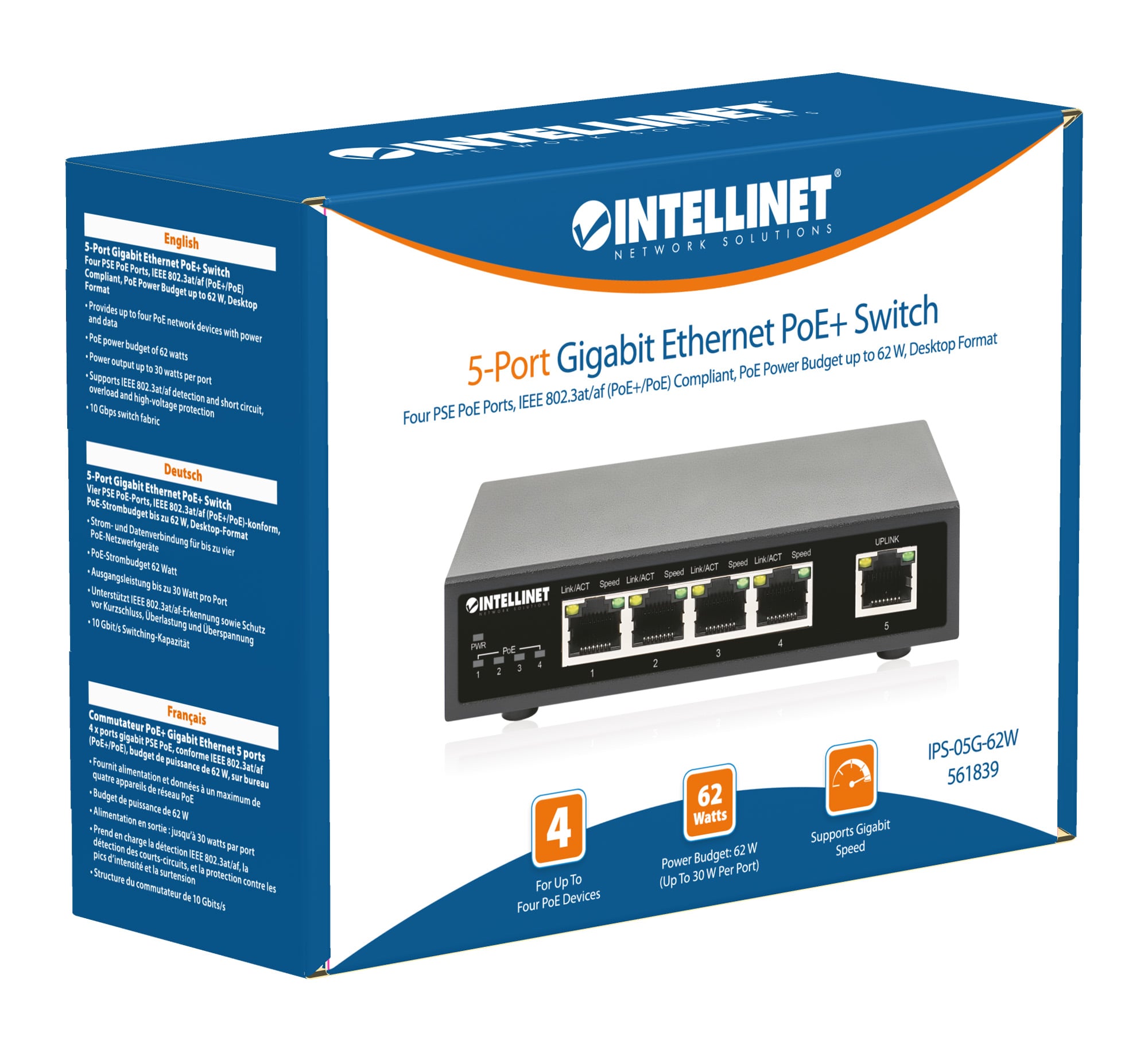 Ethernet Switch Gigabit PoE+ 5 porte - Intellinet I-SWHUB POE-839