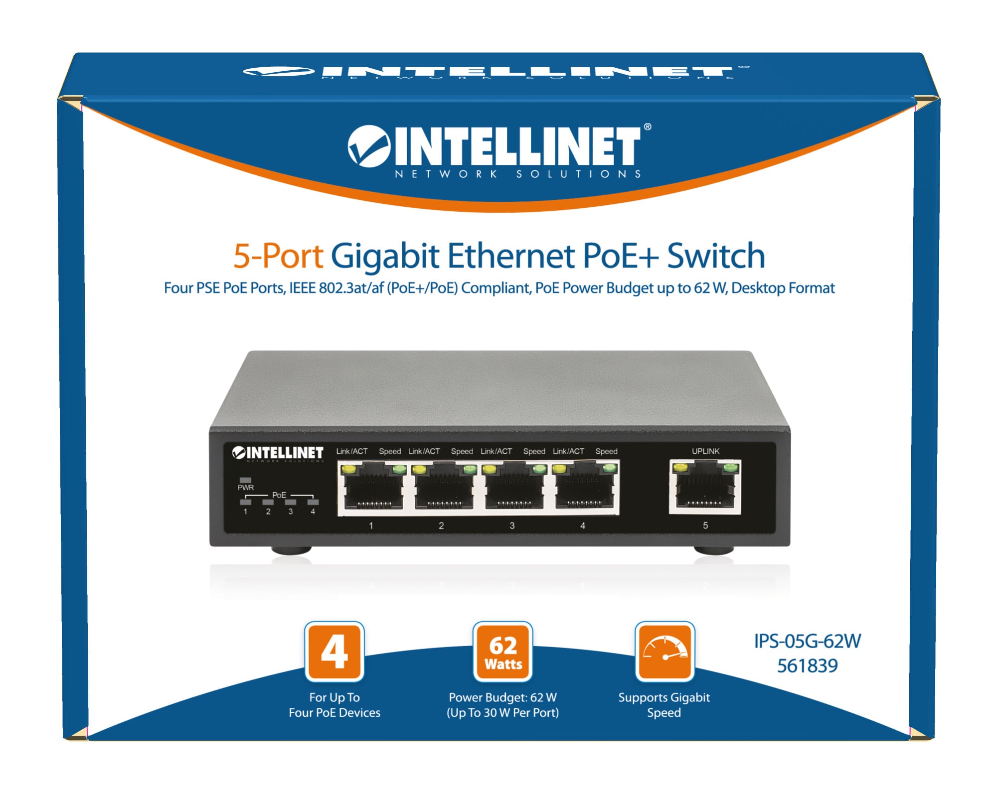 Ethernet Switch Gigabit PoE+ 5 porte - Intellinet I-SWHUB POE-839