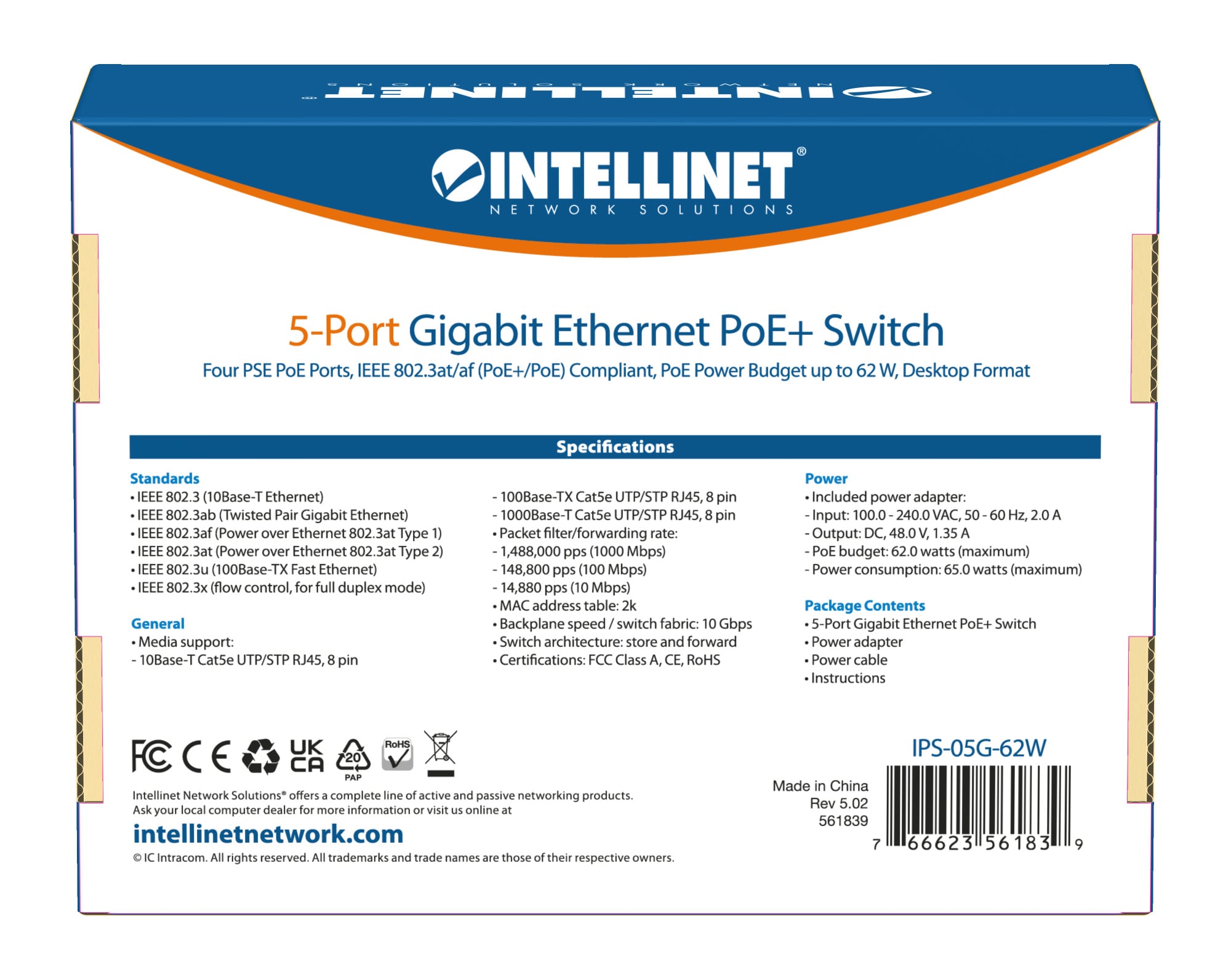 Ethernet Switch Gigabit PoE+ 5 porte - Intellinet I-SWHUB POE-839