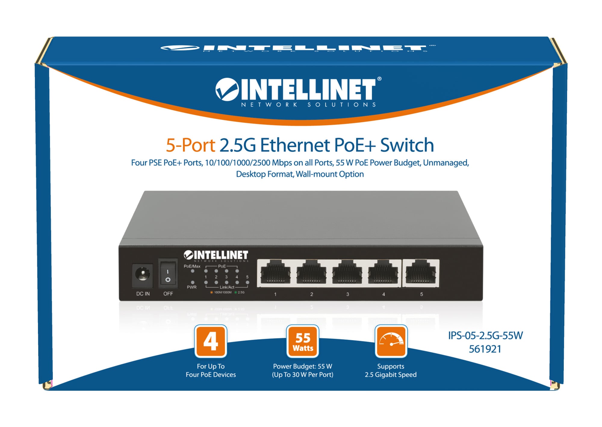 Ethernet Switch POE+ 5 Porte 2.5G - Intellinet I-SWHUB POE-921