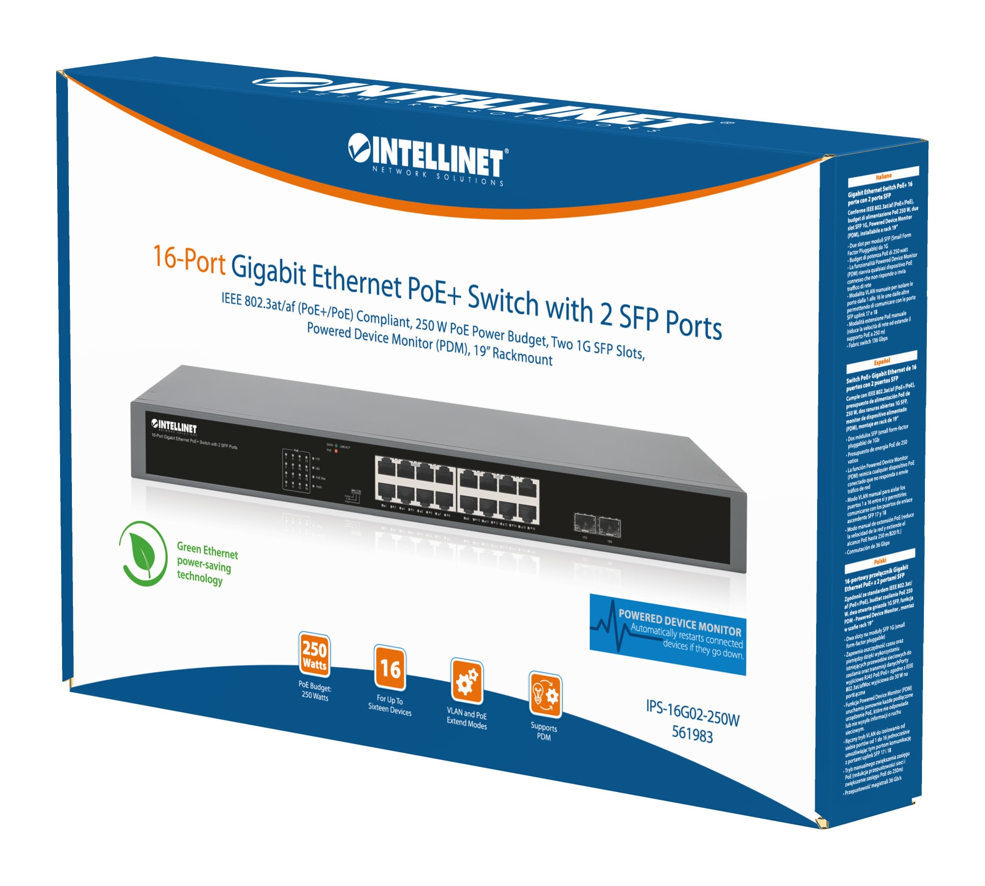 Gigabit Ethernet Switch PoE+ 16 porte con 2 porte SFP - Intellinet I-SWHUB POE-983