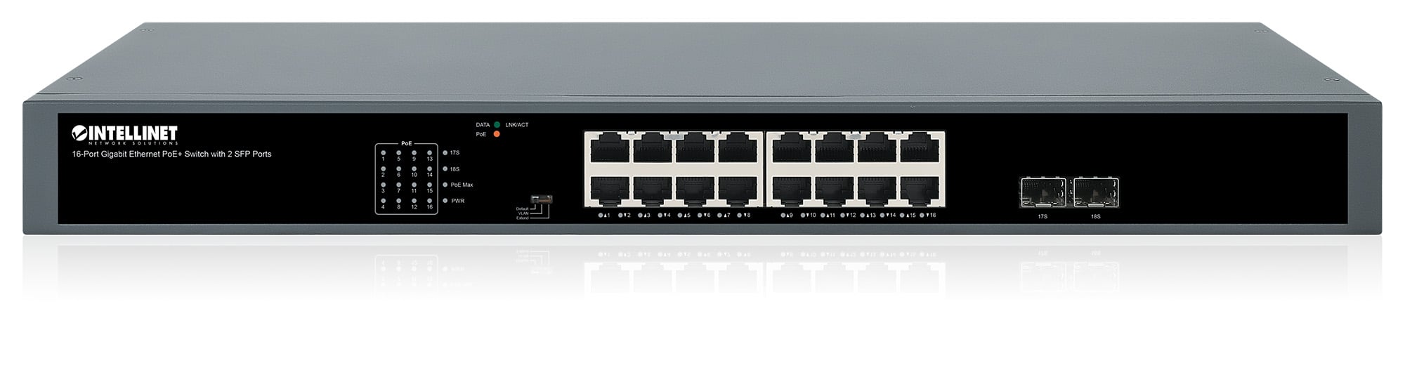 Gigabit Ethernet Switch PoE+ 16 porte con 2 porte SFP - Intellinet I-SWHUB POE-983