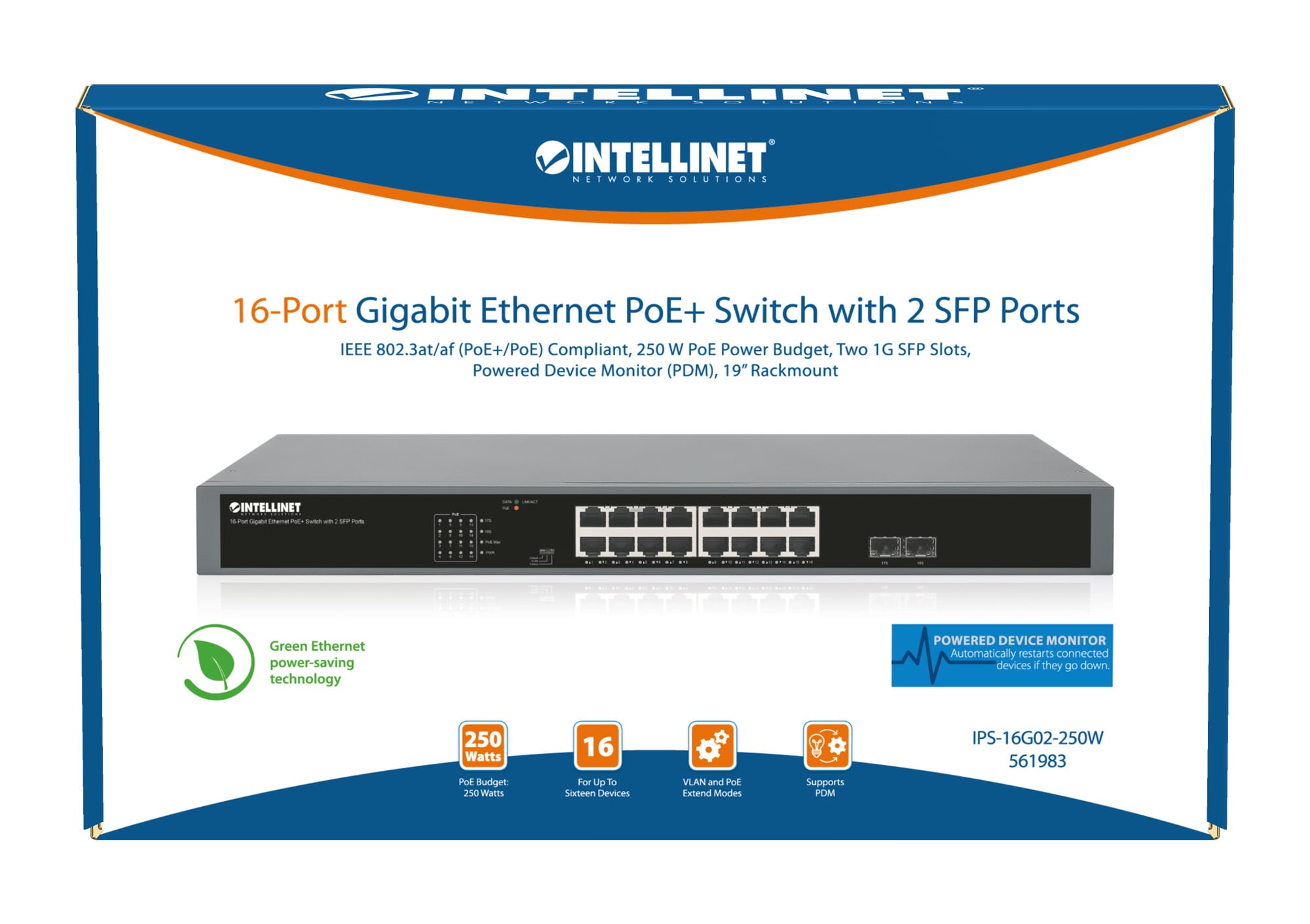Gigabit Ethernet Switch PoE+ 16 porte con 2 porte SFP - Intellinet I-SWHUB POE-983