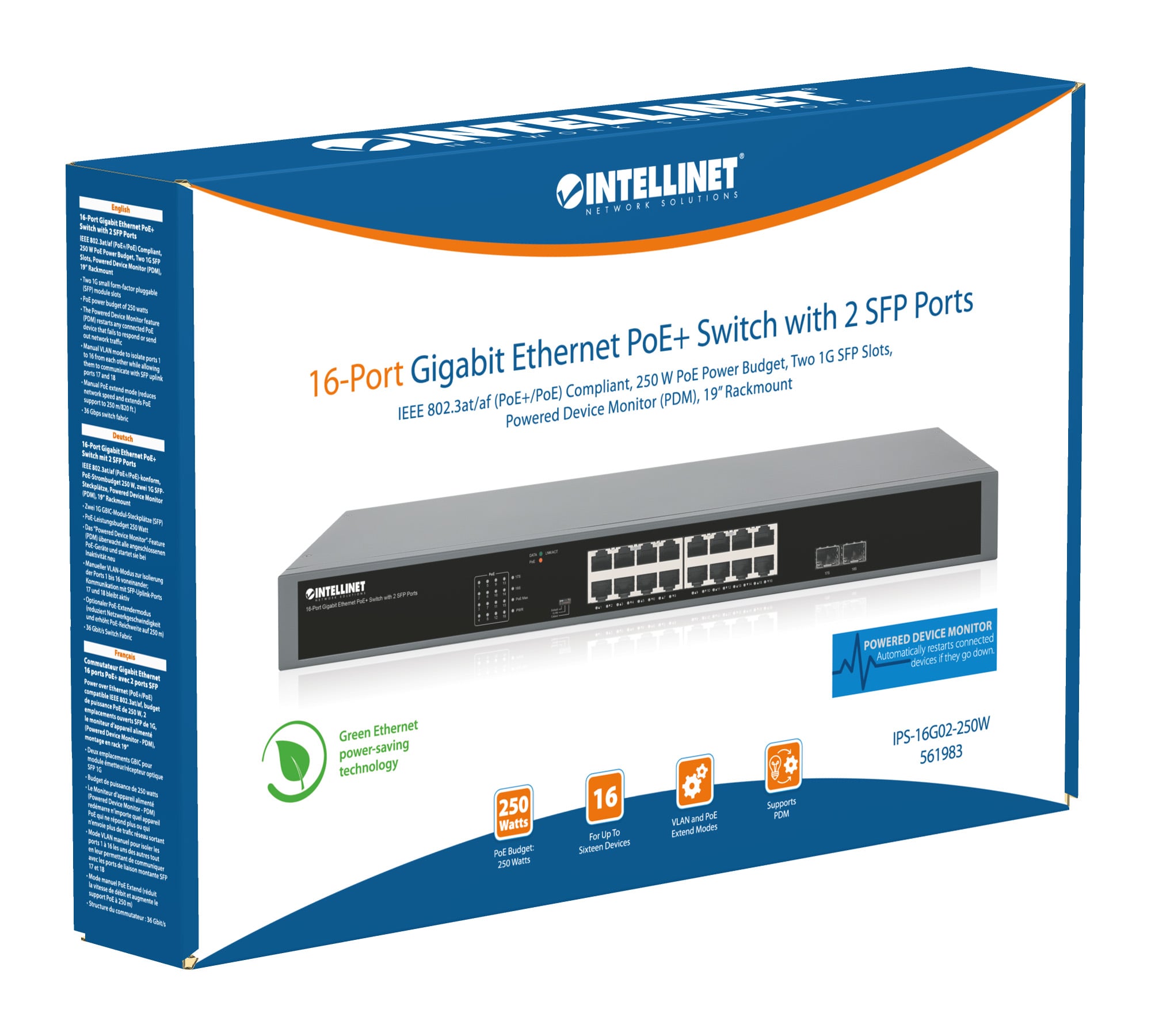Gigabit Ethernet Switch PoE+ 16 porte con 2 porte SFP - Intellinet I-SWHUB POE-983
