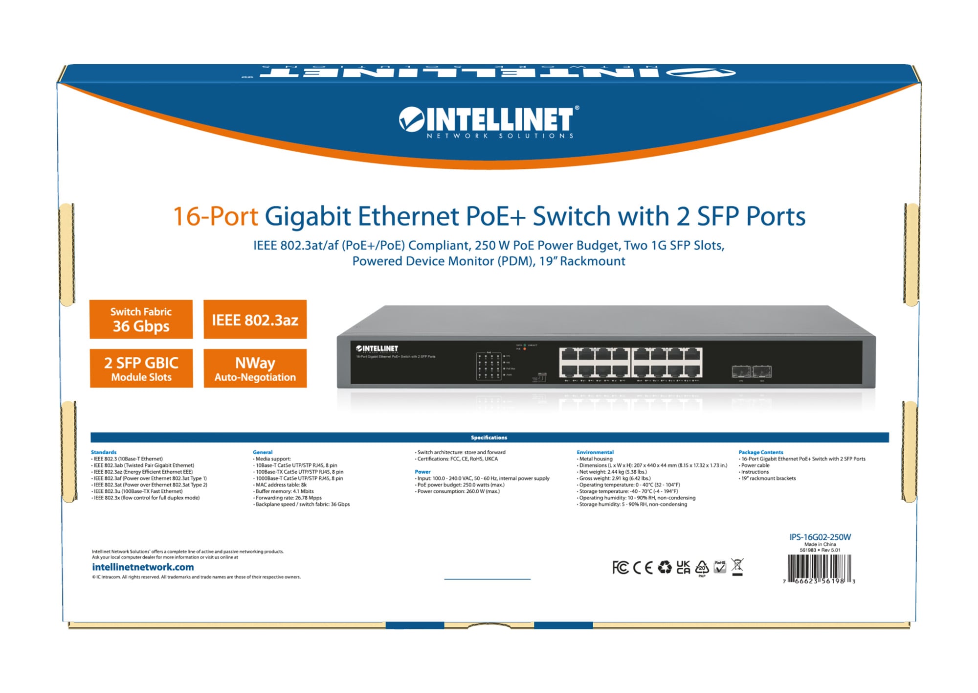 Gigabit Ethernet Switch PoE+ 16 porte con 2 porte SFP - Intellinet I-SWHUB POE-983
