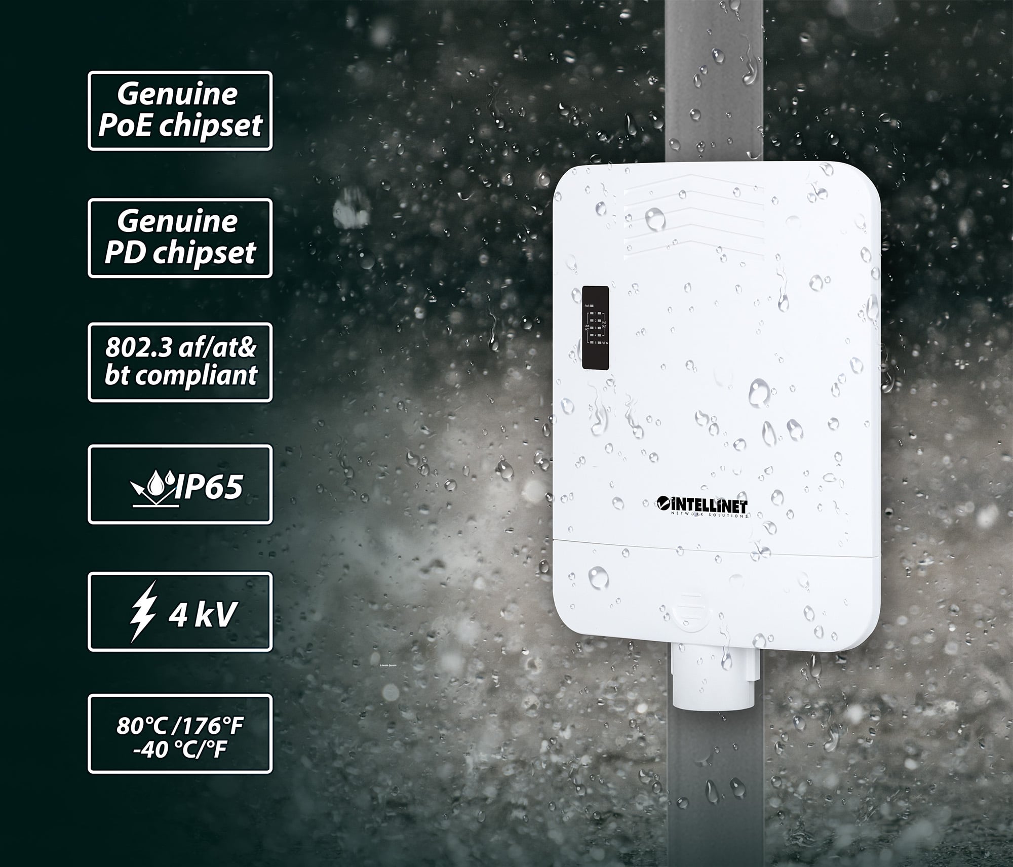 Switch Gigabit 5 porte PoE Passante / Extender 4 porte PoE+ per Esterno - Intellinet I-SWHUB POE-OUT220