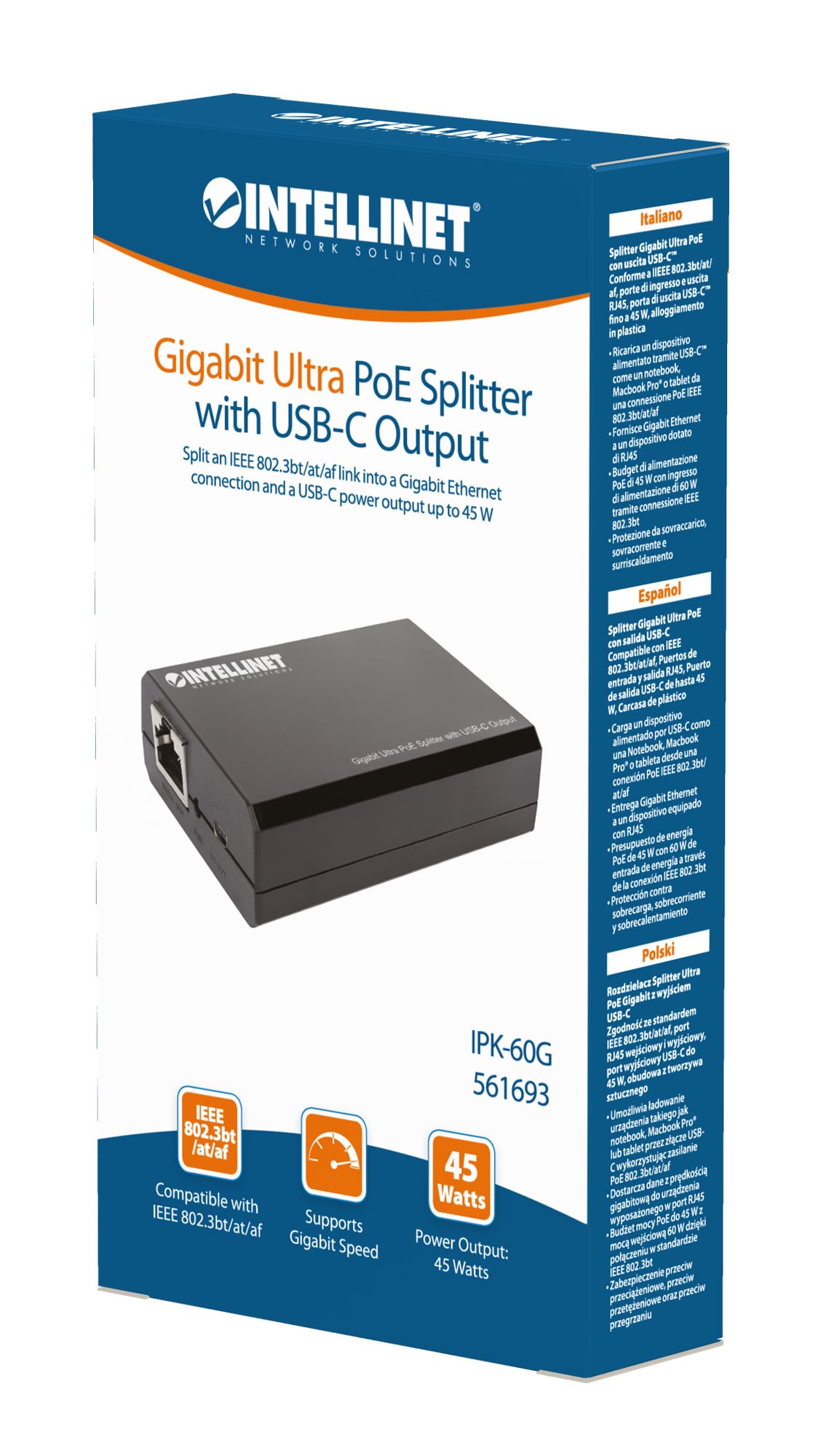 Splitter Gigabit Ultra PoE con uscita USB-C™ - Intellinet I-SWHUB POE-USBC