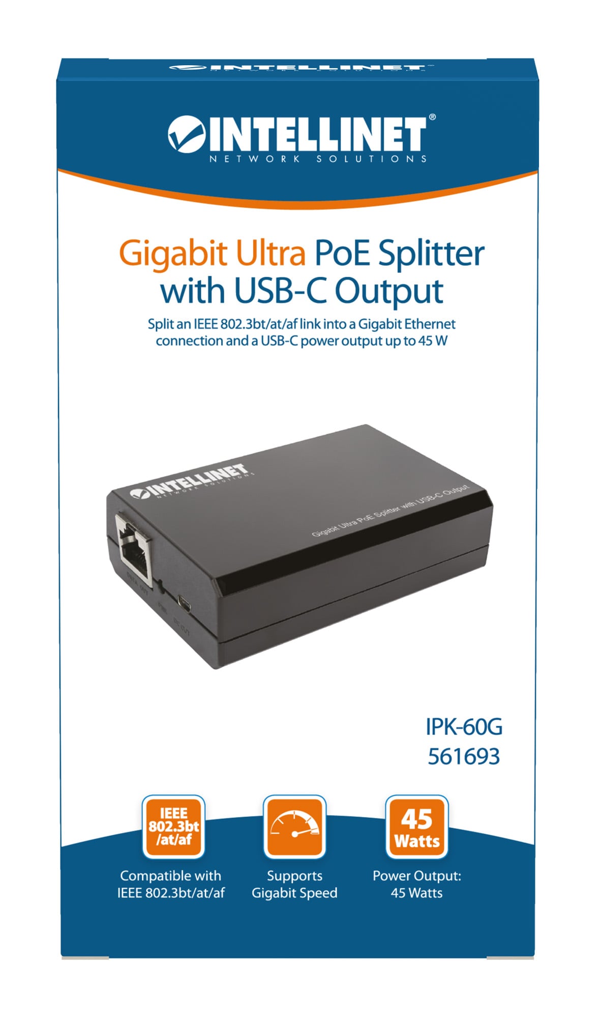 Splitter Gigabit Ultra PoE con uscita USB-C™ - Intellinet I-SWHUB POE-USBC
