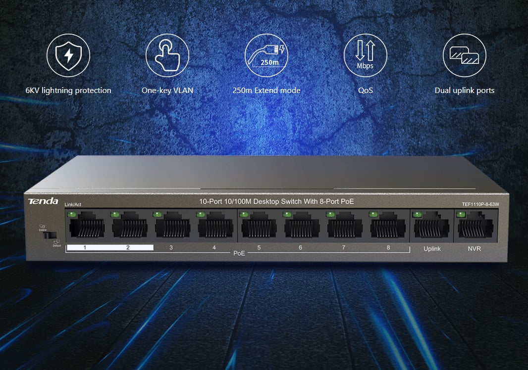 Switch Desktop 8 porte 10/100m PoE 63W, TEF1110P-8-63W - Tenda I-SWHUB TEF1110P8