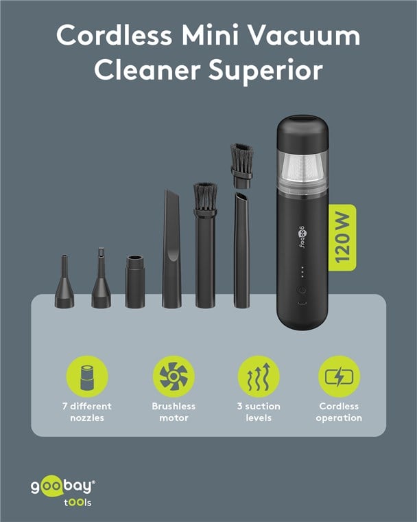Mini Aspirapolvere Superior 120 W con Batteria, Nero - Goobay I-TOOL-829