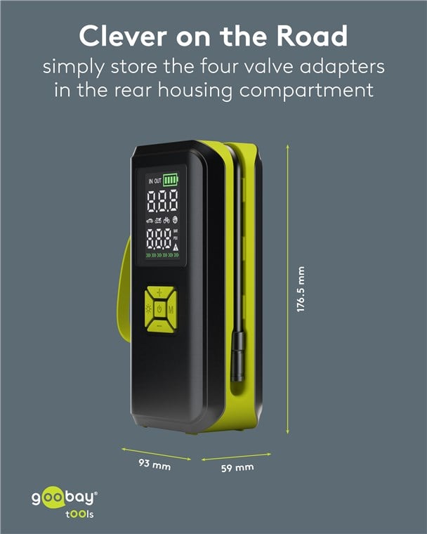 Compressore d'aria Portatile a Batteria Ricaricabile e Display a LED - Goobay I-TOOL-COMPRESSOR