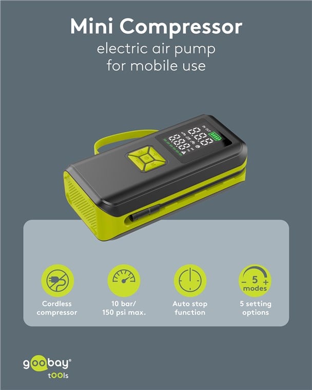 Compressore d'aria Portatile a Batteria Ricaricabile e Display a LED - Goobay I-TOOL-COMPRESSOR