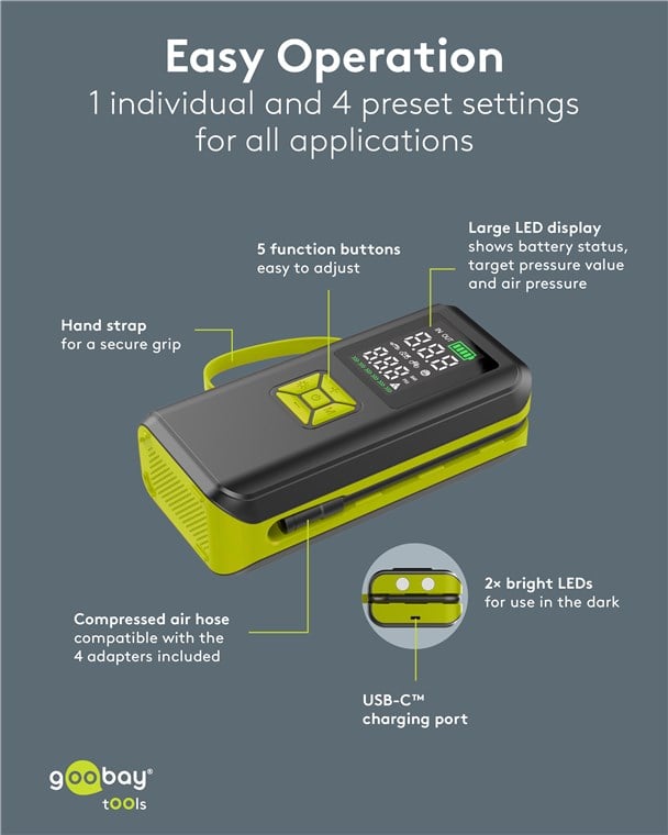 Compressore d'aria Portatile a Batteria Ricaricabile e Display a LED - Goobay I-TOOL-COMPRESSOR