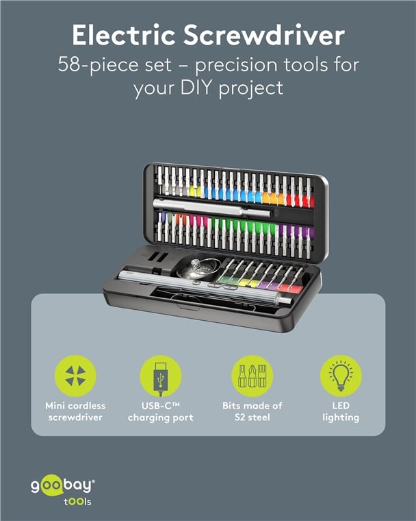 Set Cacciavite Elettrico 58in1 con 50 Punte di Precisione - Goobay I-TOOL-ES58