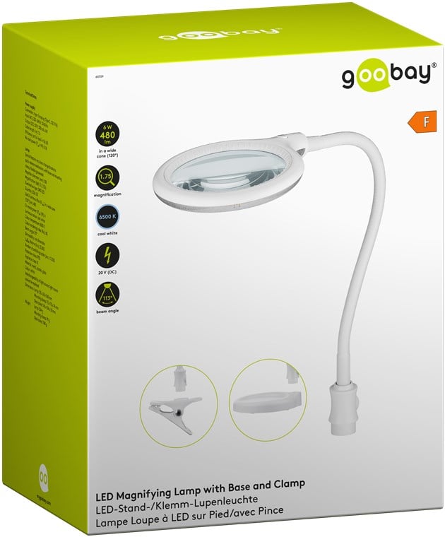Lampada LED con Lente d'ingrandimento Base di Appoggio e Clip da Tavolo 6W Bianco - Goobay I-TOOL-SD-359