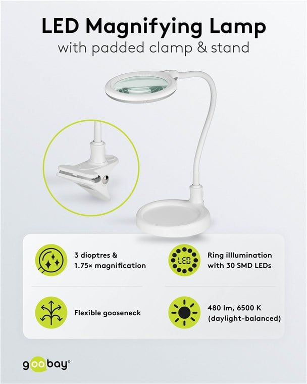 Lampada LED con Lente d'ingrandimento Base di Appoggio e Clip da Tavolo 6W Bianco - Goobay I-TOOL-SD-359