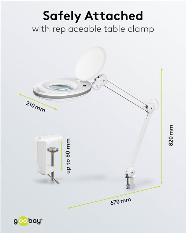 Lampada LED con Lente d'ingrandimento a 3 Diottrie 8W Attacco a Morsetto - Goobay I-TOOL-SD-650