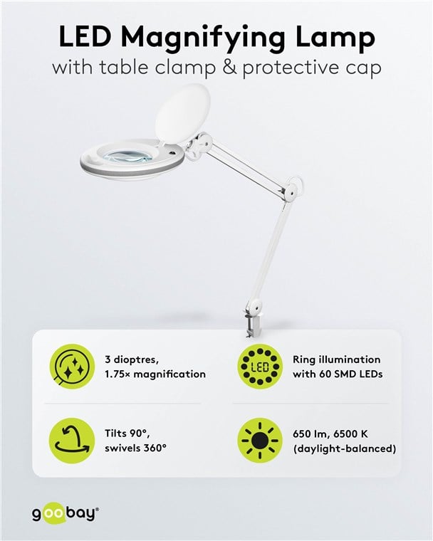 Lampada LED con Lente d'ingrandimento a 3 Diottrie 8W Attacco a Morsetto - Goobay I-TOOL-SD-650