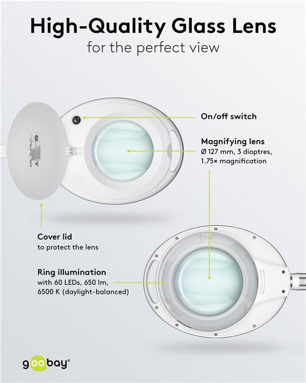 Lampada LED con Lente d'ingrandimento a 3 Diottrie 8W Attacco a Morsetto - Goobay I-TOOL-SD-650