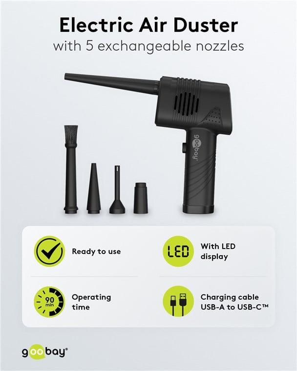 Kit di Pulizia Elettrico per PC Soffiatore ad Aria con 5 Ugelli Intercambiabili - Goobay I-TOOL-SD-667