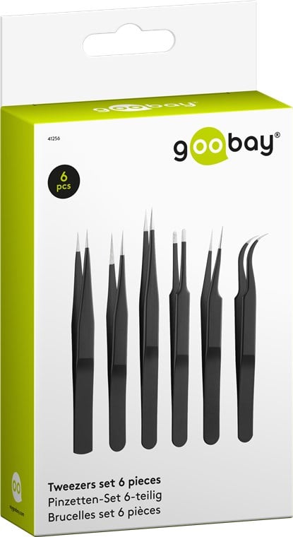 Kit 6 Pinzette di Precisione a Punta Piatta a Croce e Antistatiche in acciaio INOX - Goobay I-TOOL-SP-106