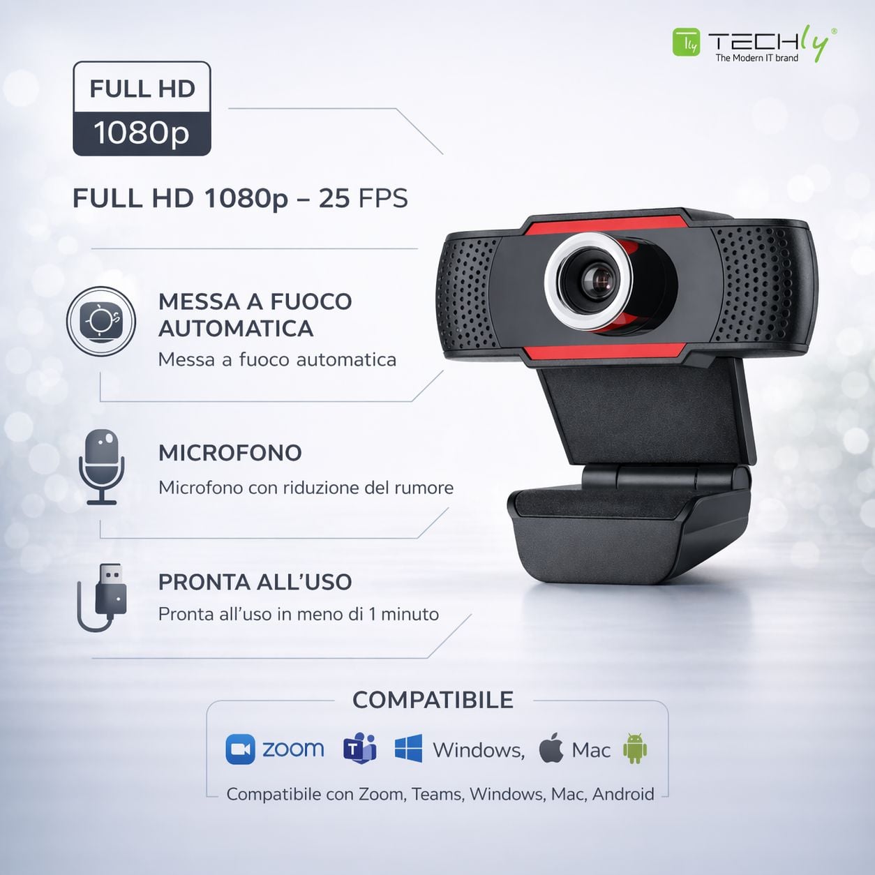 Webcam USB Full HD 1080 p Autofocus Noise Reduction - Techly I-WEBCAM- 60 T