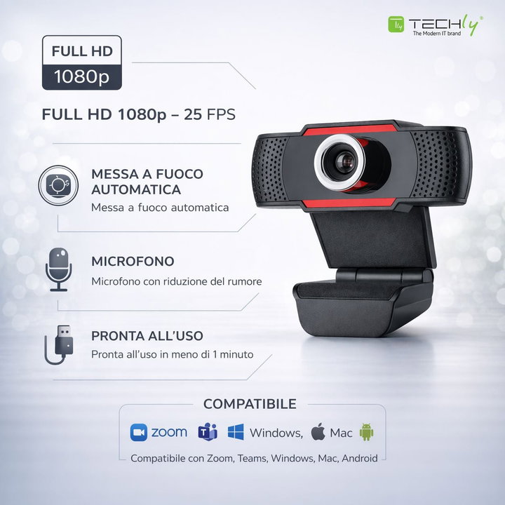 USB Full HD Webcam 1080p with Noise Reduction and Auto Focus - Techly I-WEBCAM-60T