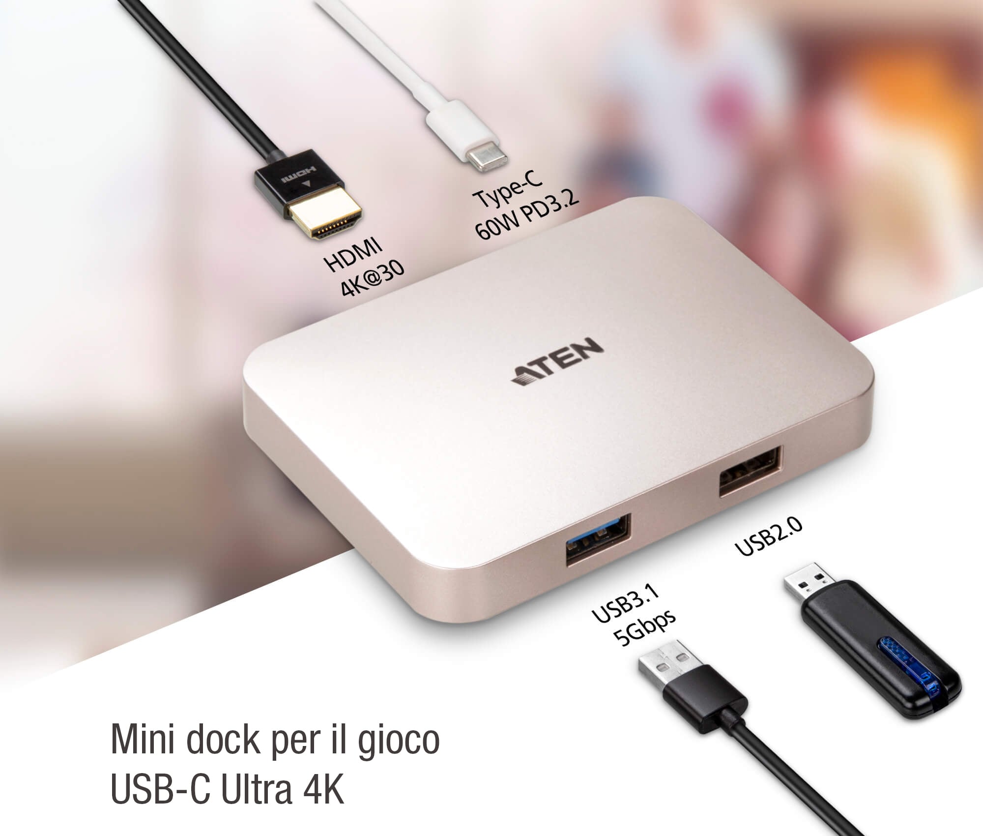 Mini dock USB-C 4 K with pass-through power supply - Aten IADAP UH- 3235